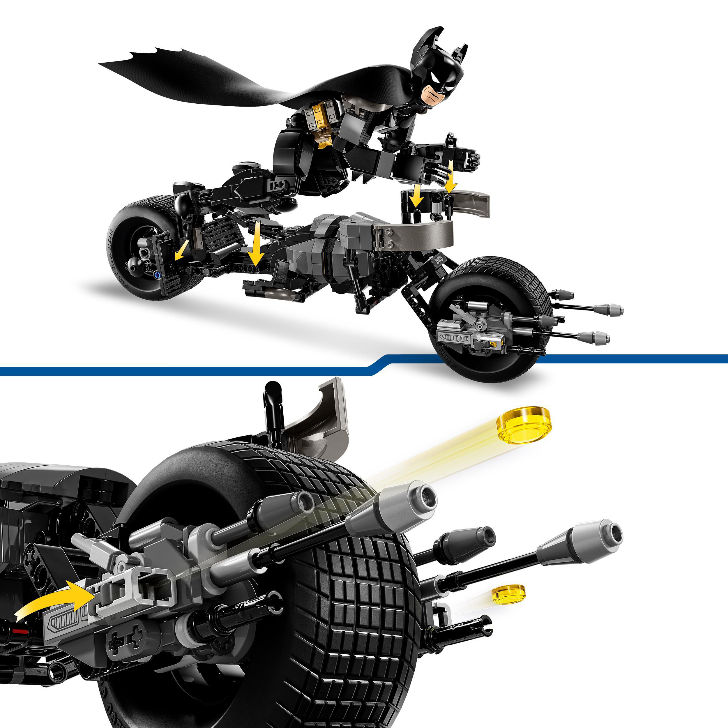 Ein Lego-Batman-Bike-Spielzeug wird gebaut. Das Modell ist schwarz mit gelben Akzenten, Nahaufnahme.