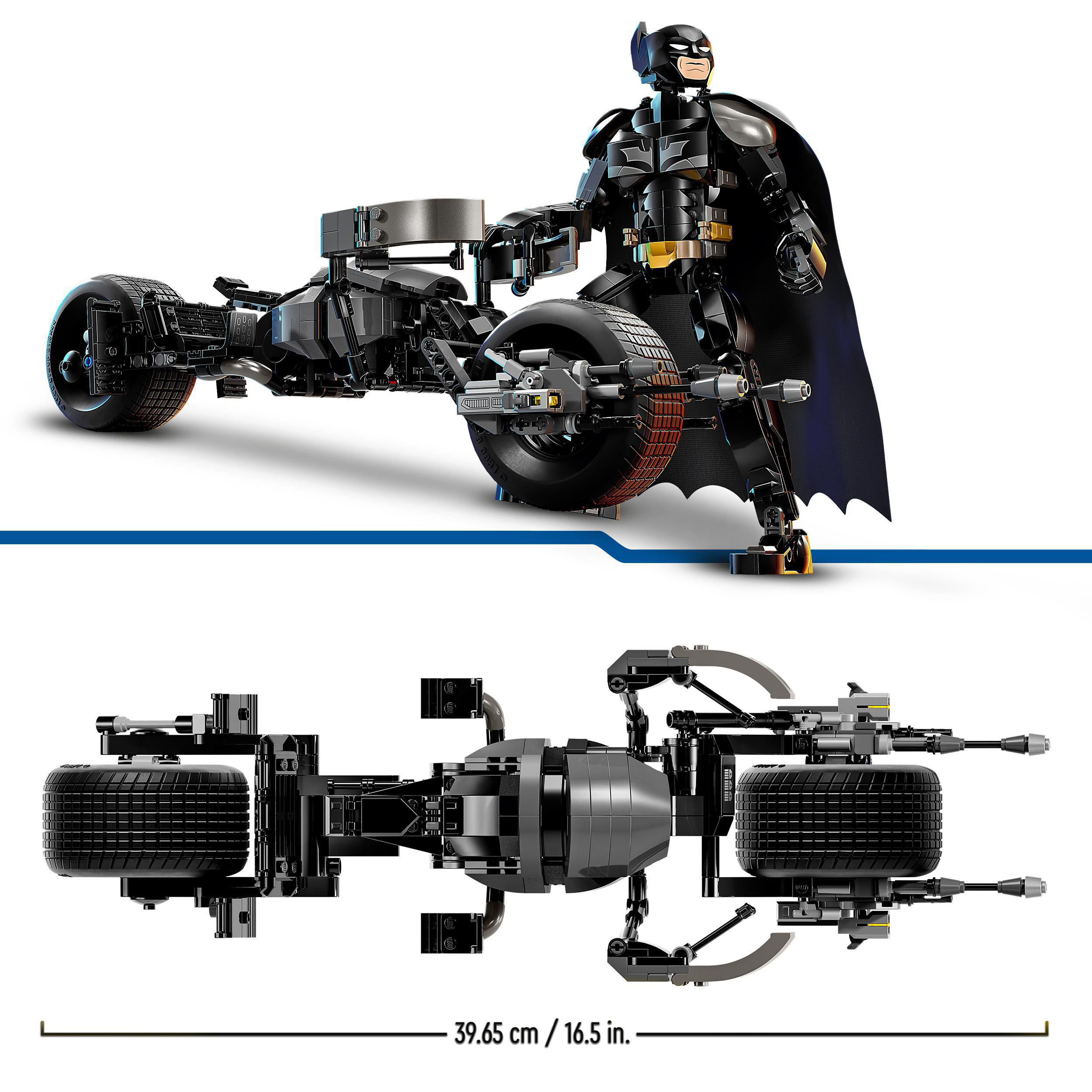 LEGO Batman und Batcycle-Modell. Das Batcycle ist schwarz und hat große Räder.