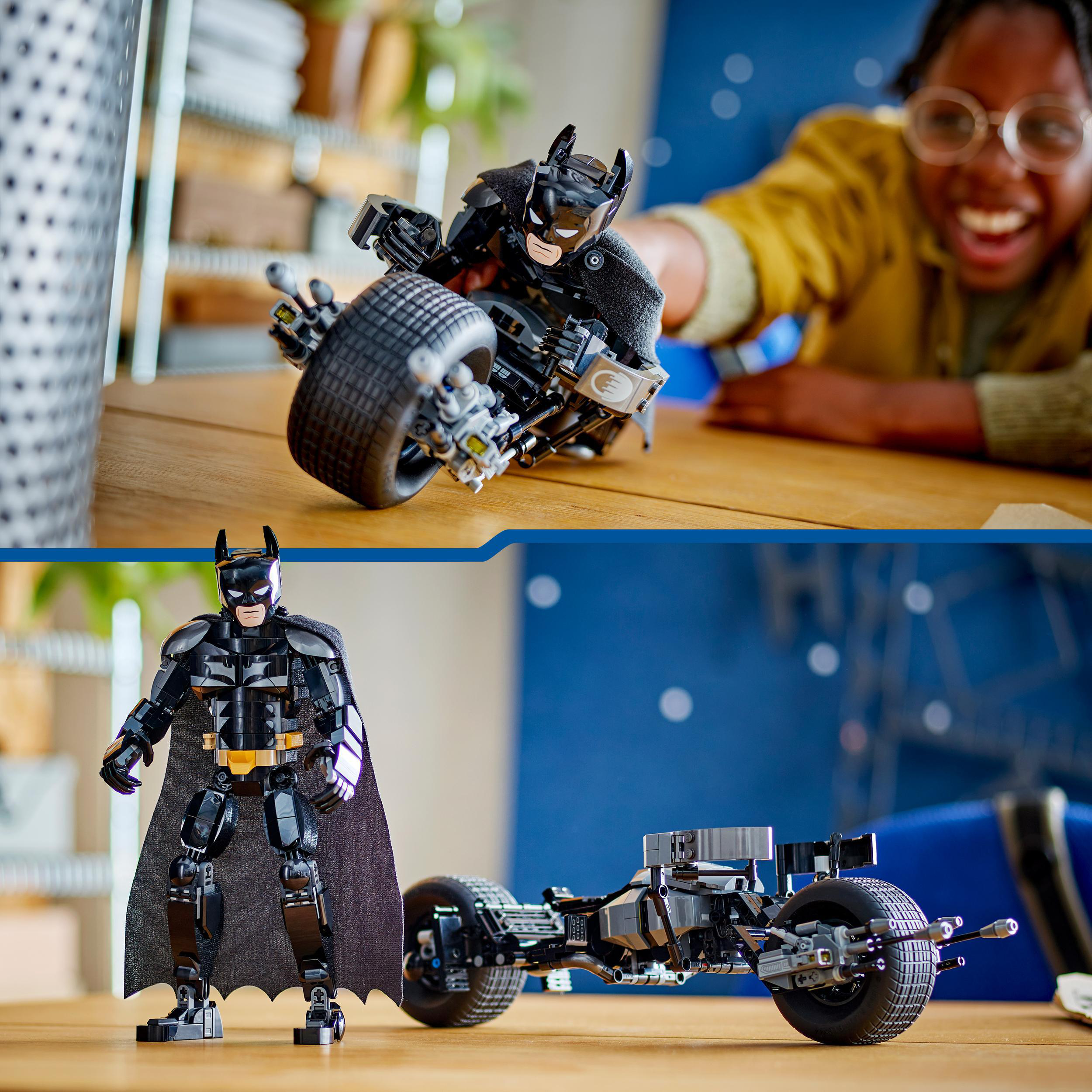 LEGO Batman baut mit einer Lego Batman Figur und einem Lego Motorrad.