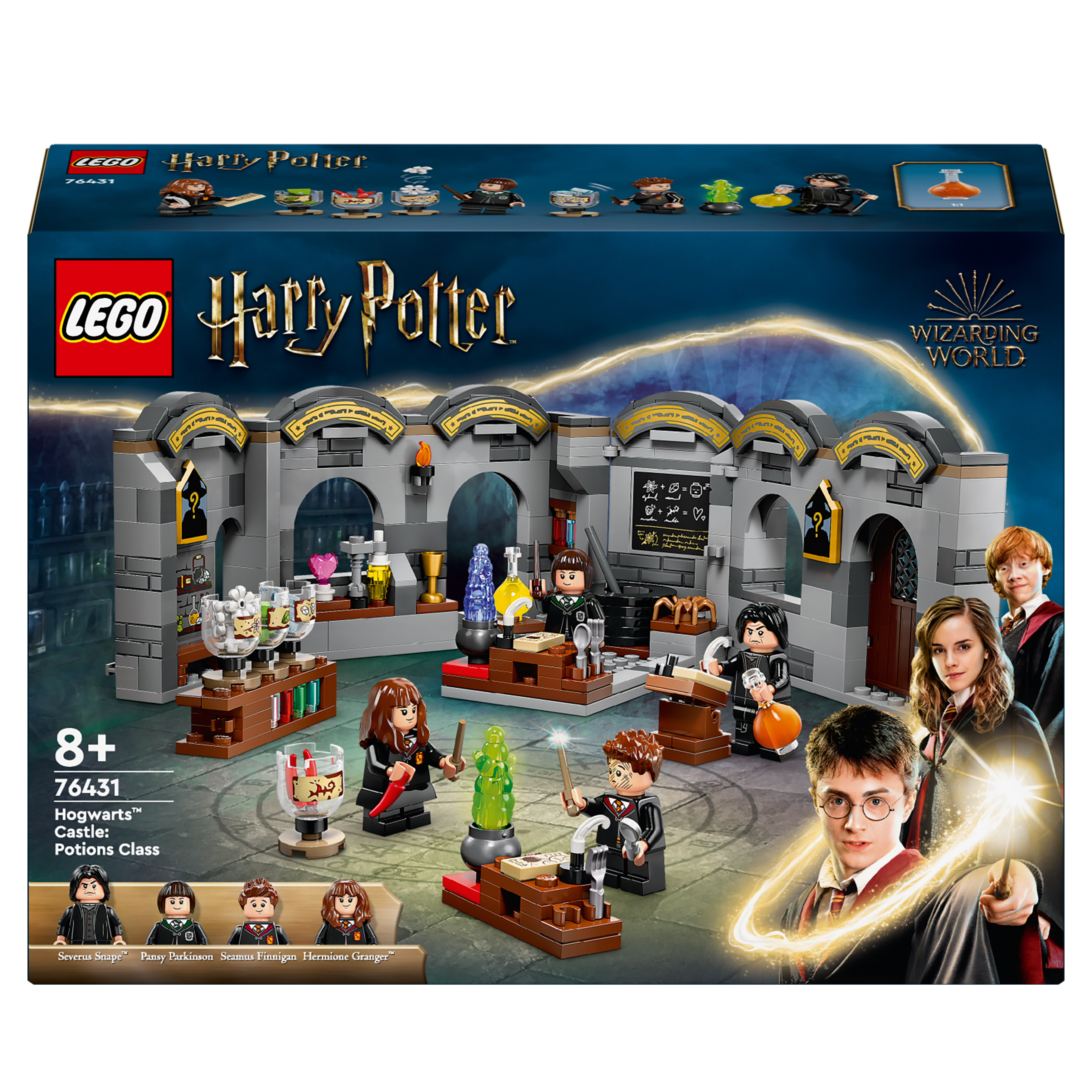 LEGO Harry Potter Set-Box. Sie zeigt eine Hogwarts-Burgszene mit Charakteren und einem Zaubertrankunterricht.