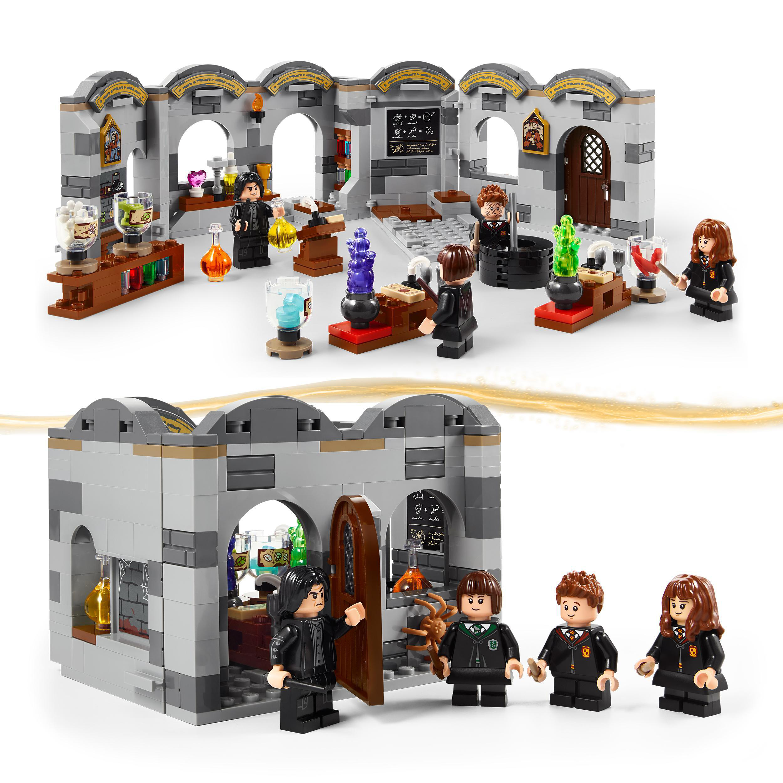 Zwei Bilder eines Lego Harry Potter Sets, die einen Zaubertrankunterricht mit Charakteren und Details zeigen.