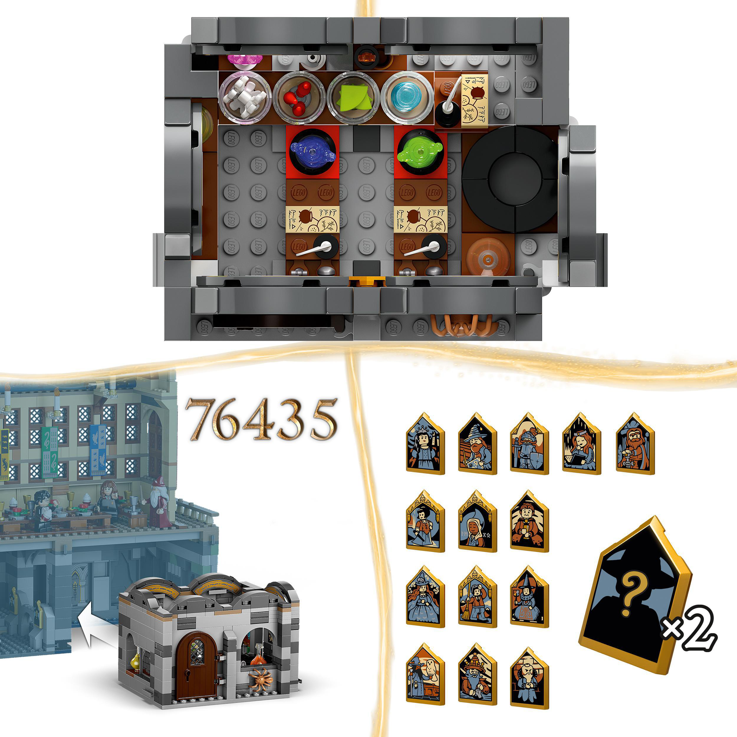 LEGO-Set mit Bauanleitung und verschiedenen Teilen. Mehrere kleine Figuren werden angezeigt.