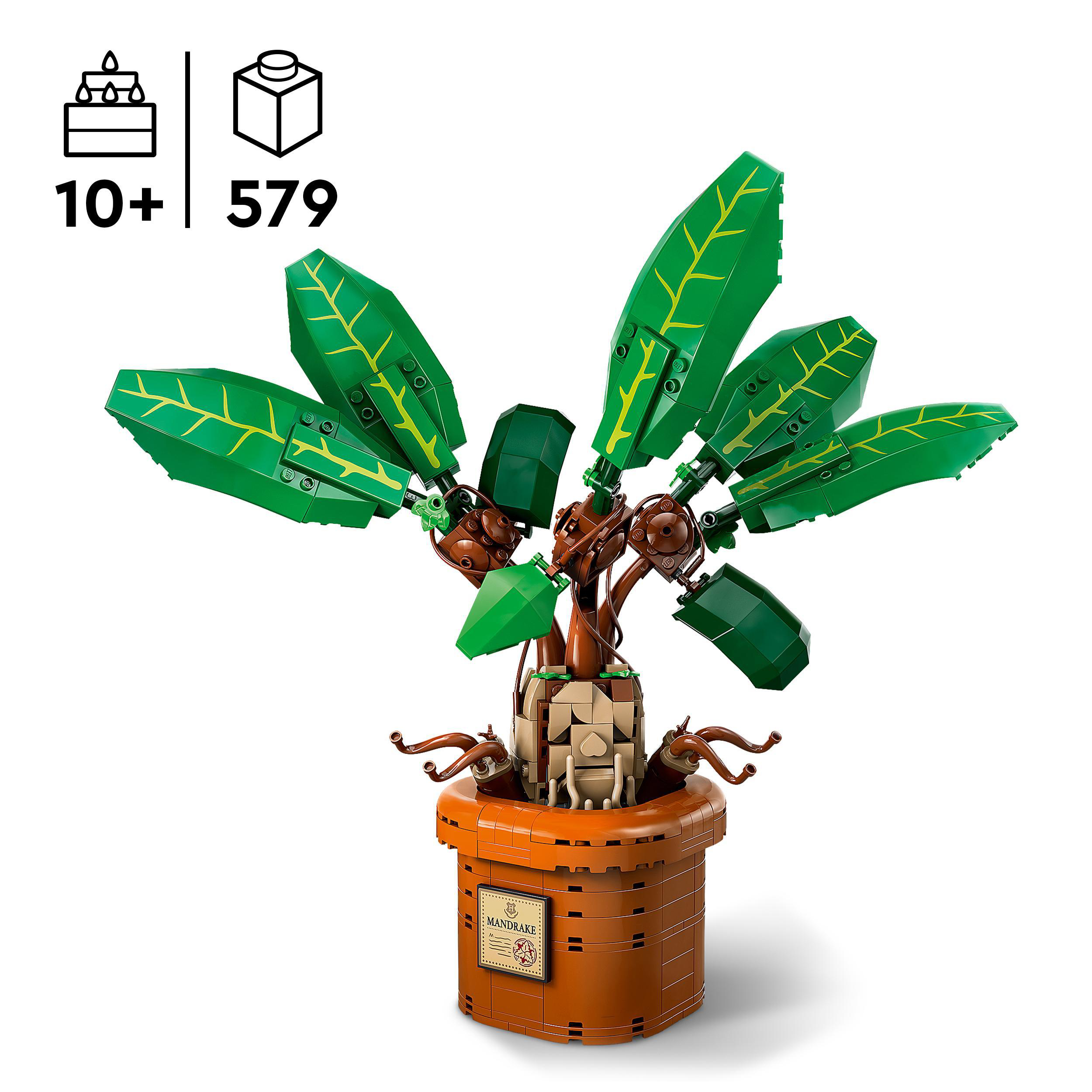 Eine Lego-Pflanze mit grünen Blättern und einem braunen Topf. Es ist ein Modell einer Pflanze aus der Harry-Potter-Serie.