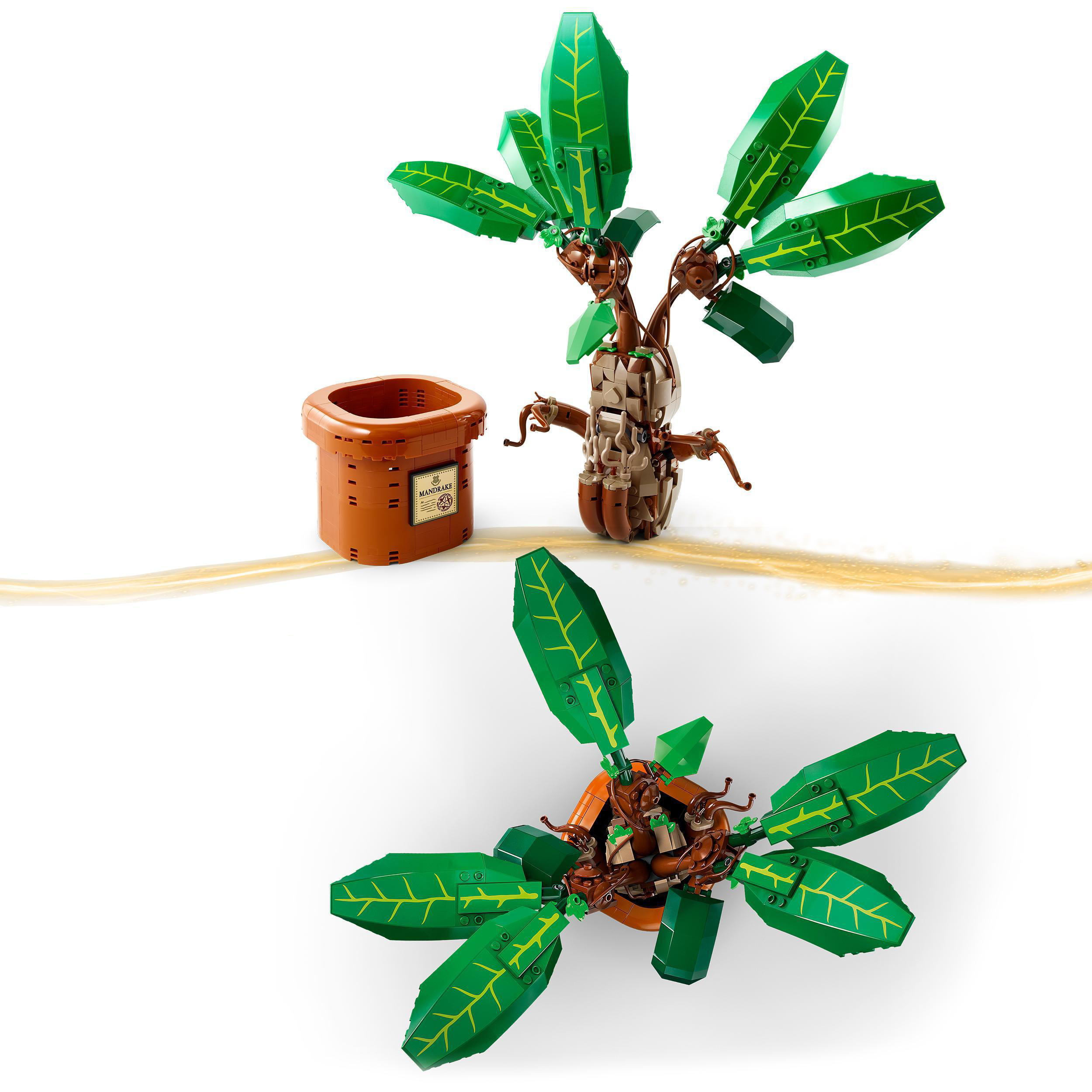 LEGO-Set: ein Baum mit grünen Blättern und braunem Stamm und ein passender Topf. Zwei Ansichten: oben und seitlich.
