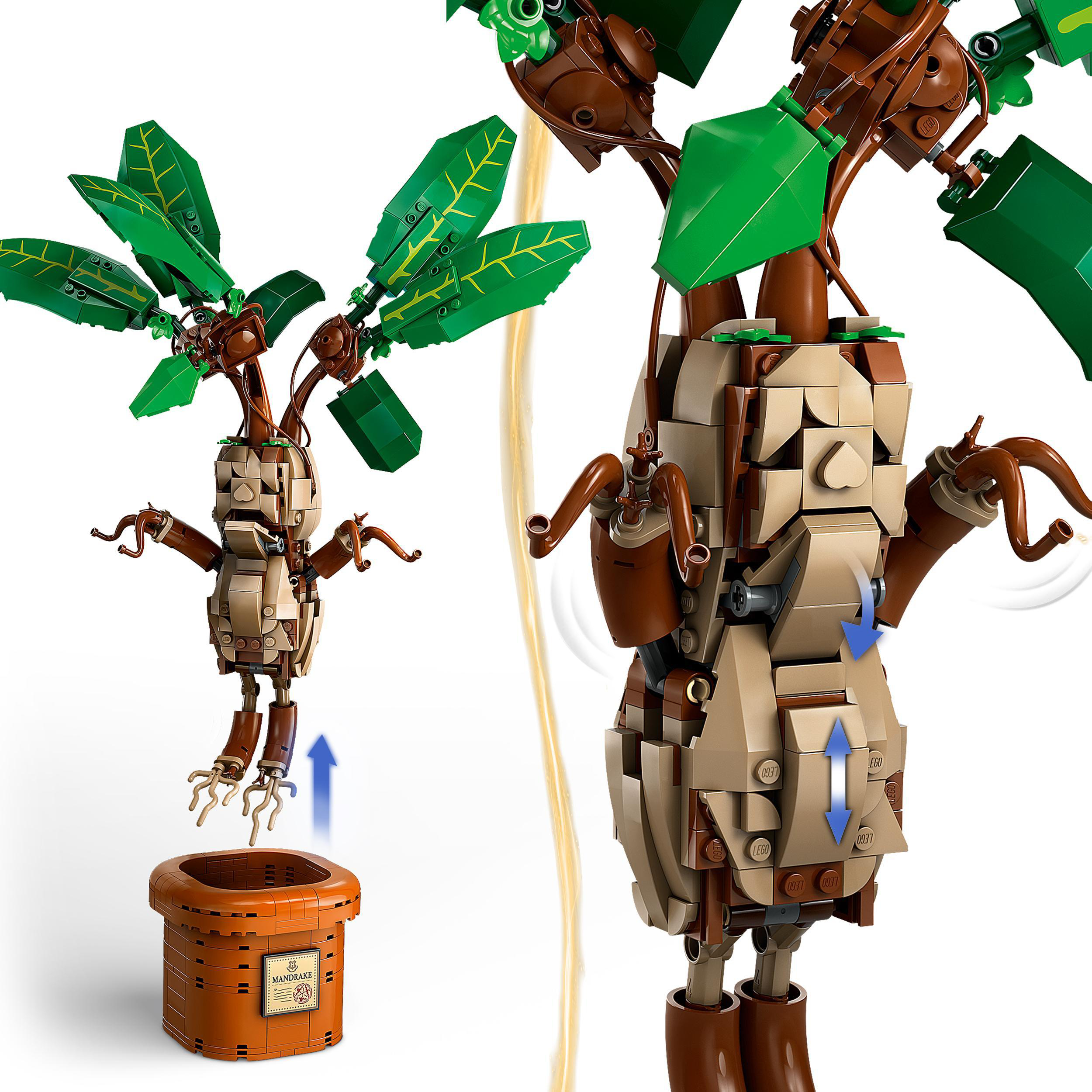 Ein Lego-Set, das eine Alraune mit Topf, braunen Blättern und einer detaillierten Figur zeigt.