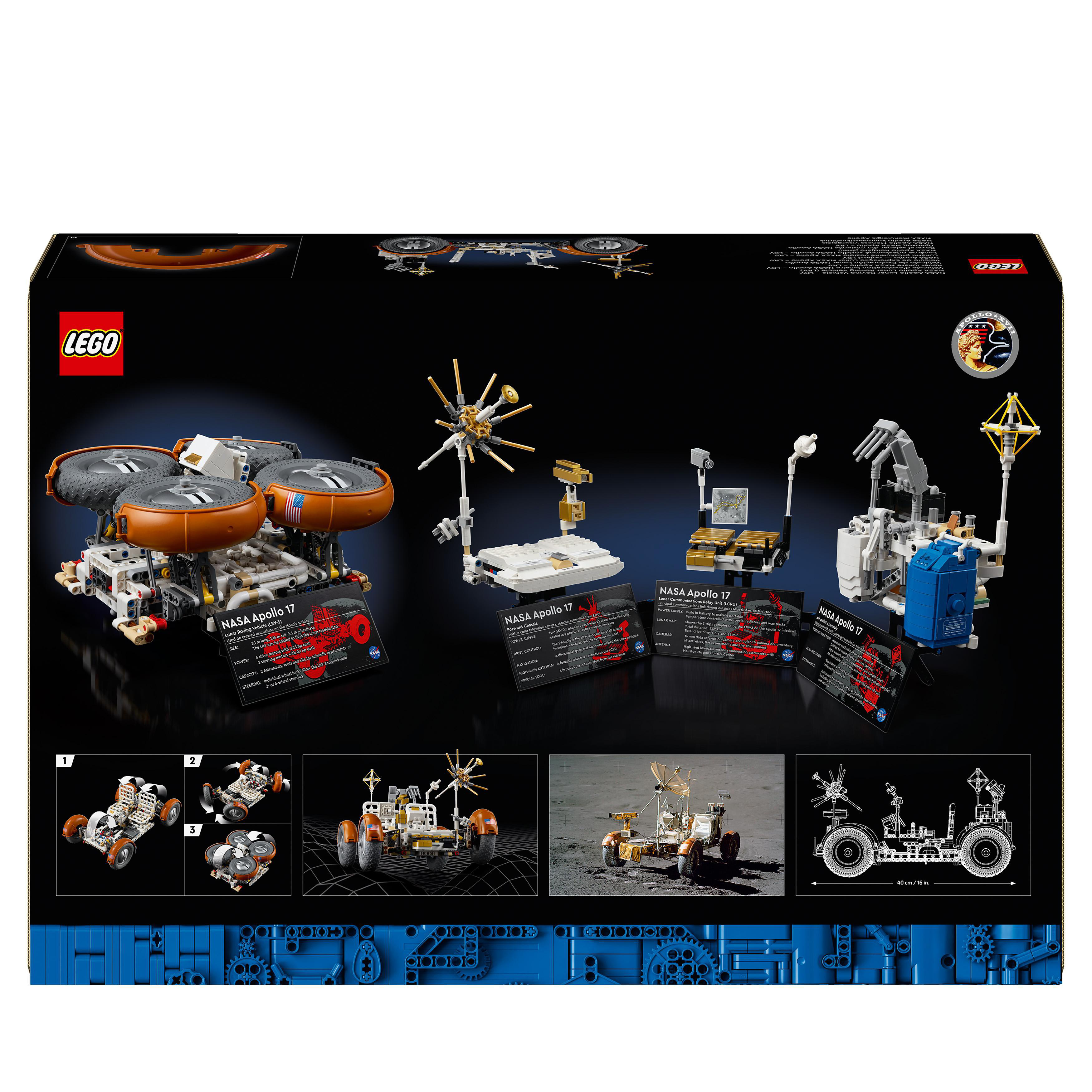 LEGO-Box-Rückseite, NASA Apollo 17. Verschiedene Modelle und Anleitungen sichtbar.