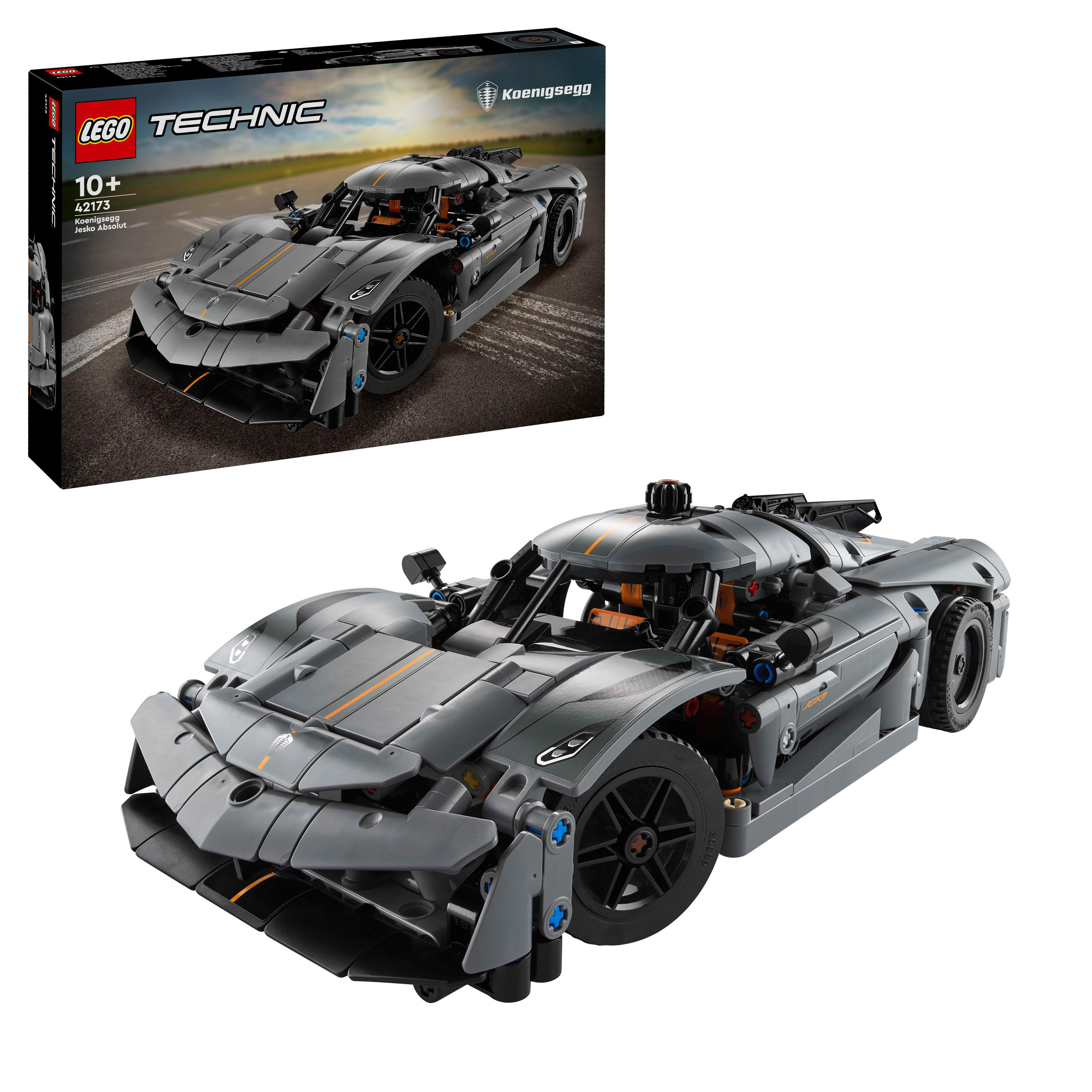 Ein graues Lego Technic Koenigsegg Automodell. Die Box im Hintergrund zeigt das Auto.