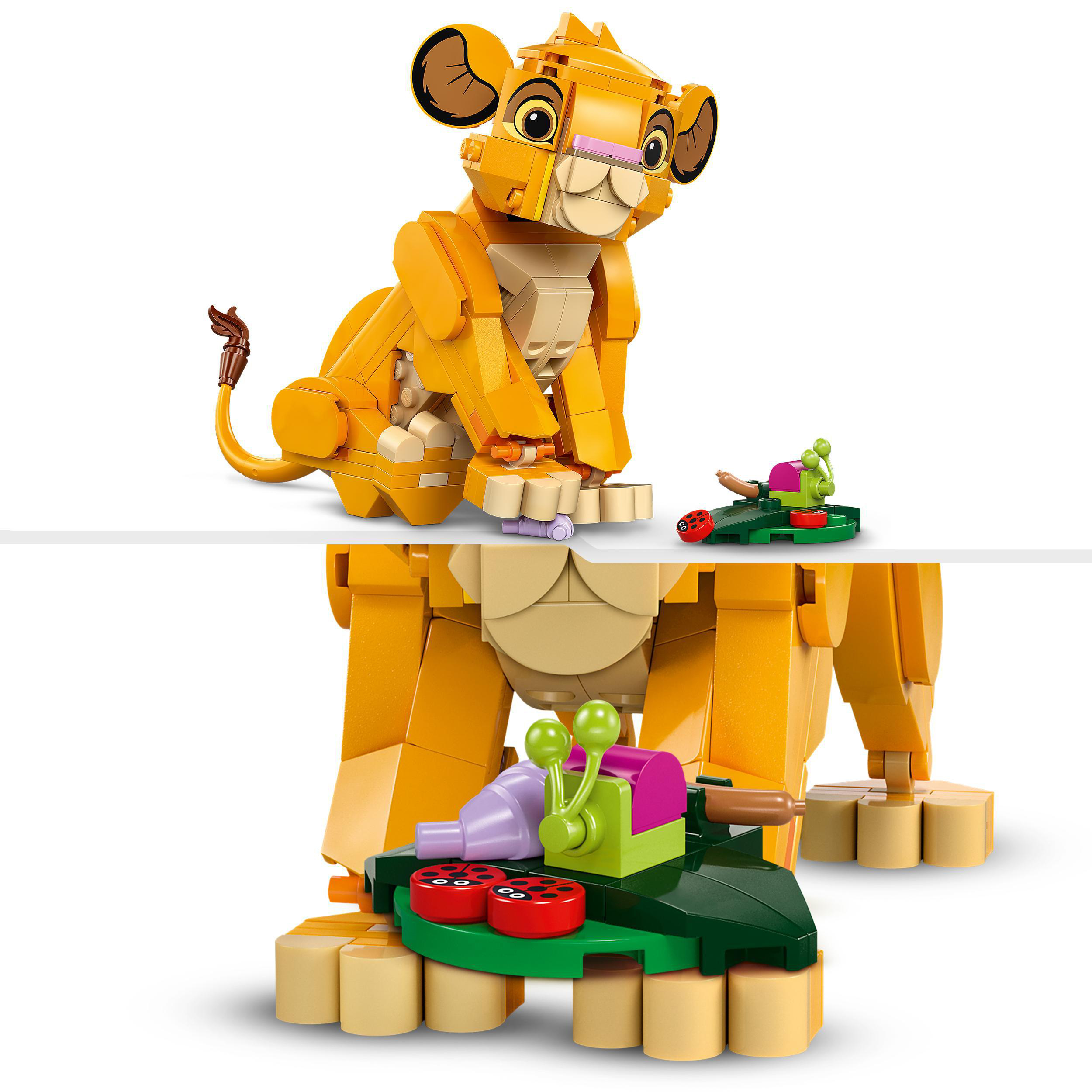 Lego Simba Figur und eine kleine Lego Szene mit Insekten und Pflanzen.