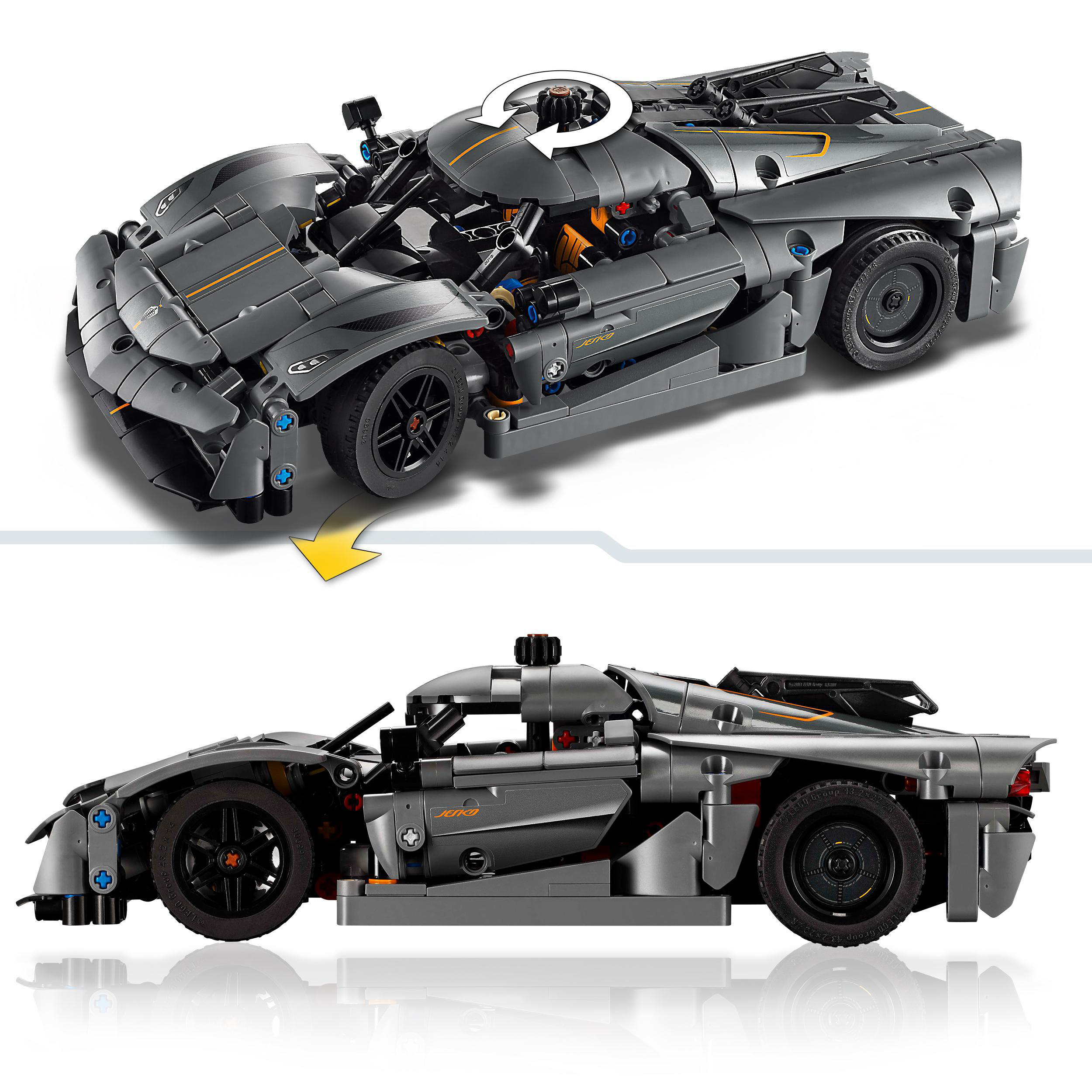 Graues Lego Technic Automodell in zwei Ansichten, eine zerlegt, eine montiert.
