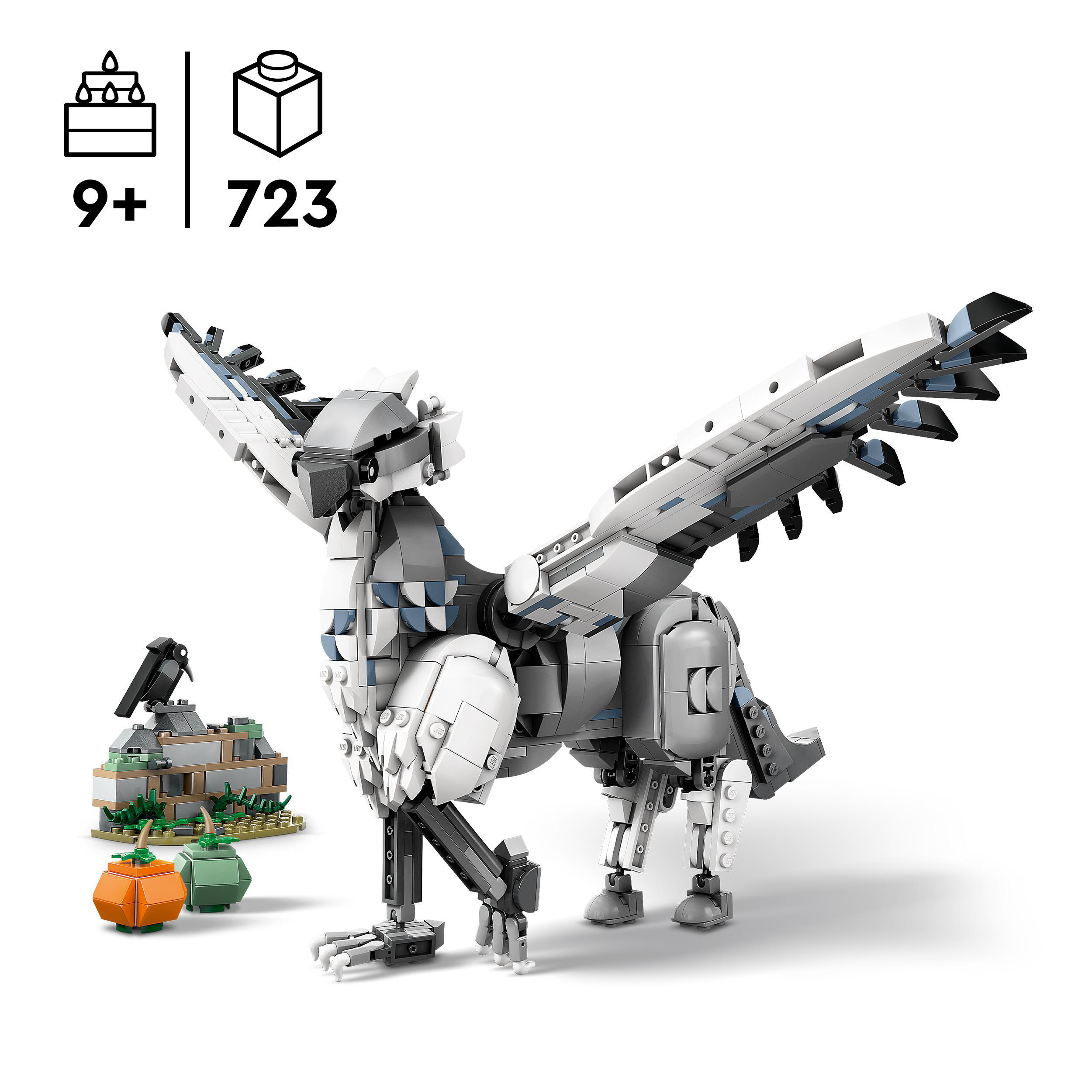 Lego-Set eines weißen Greifen mit ausgebreiteten Flügeln. Enthält eine kleine Szene und Kürbisse.