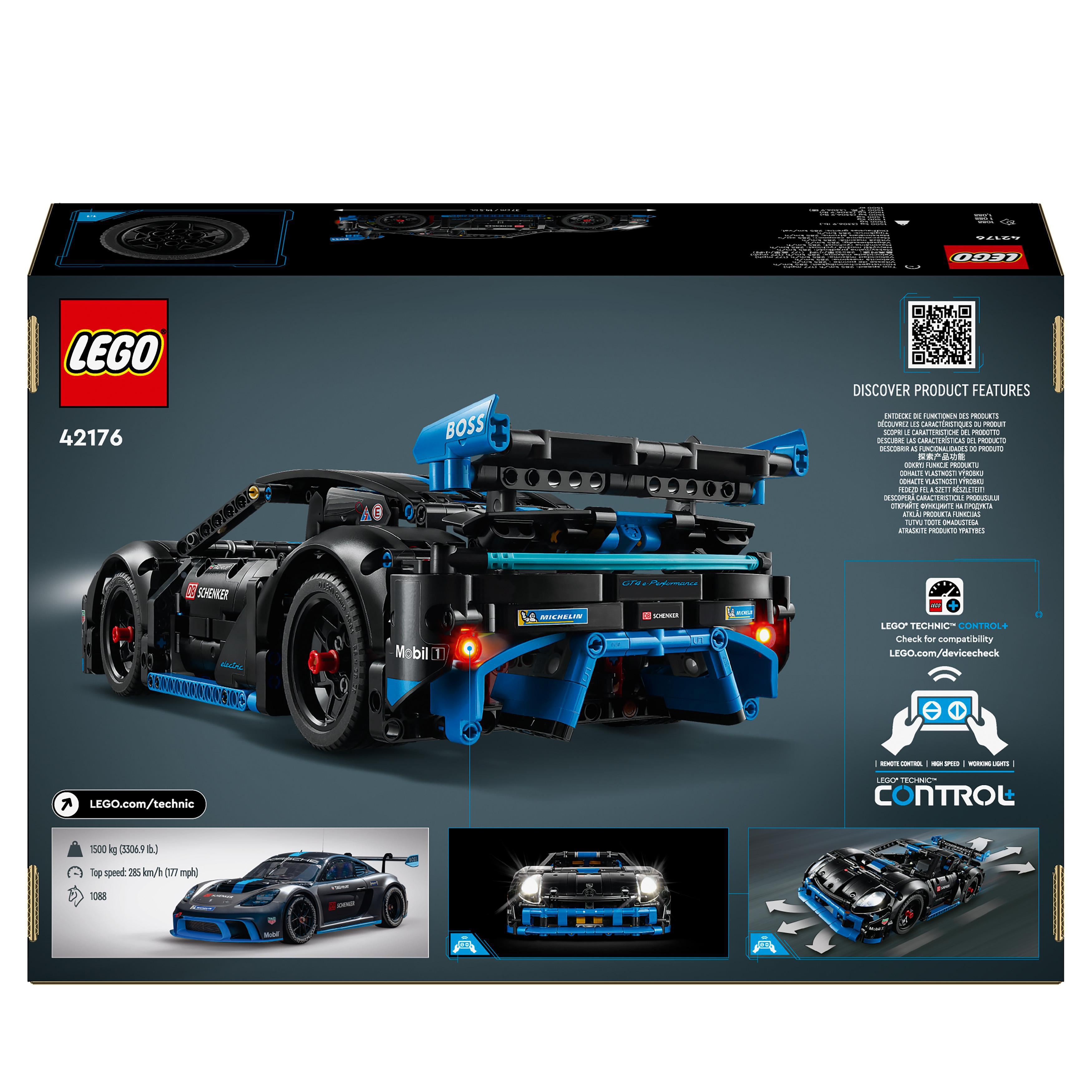Rückseite einer Lego Technic Auto-Box, zeigt Auto, Details und QR-Code.