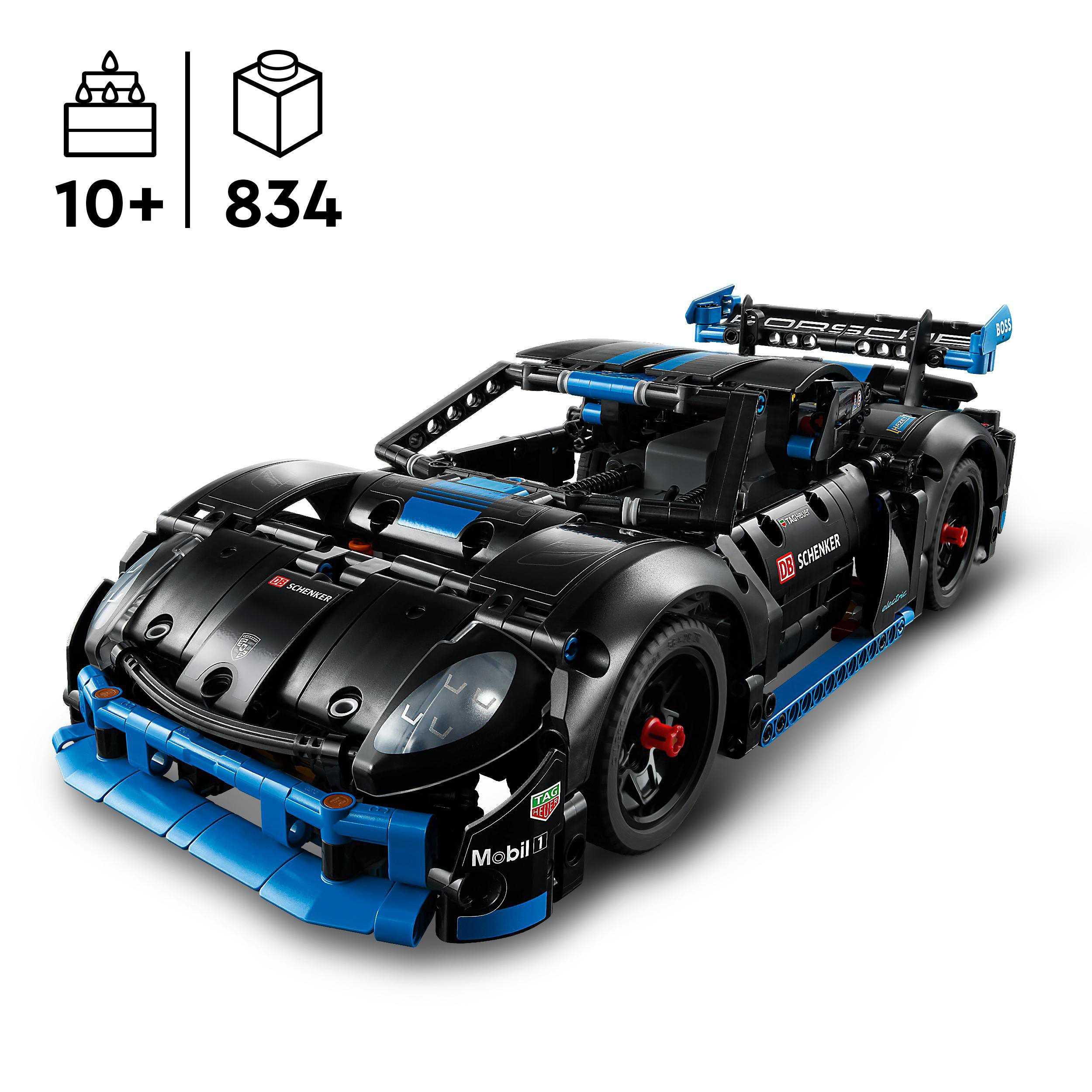 Ein schwarzes und blaues LEGO Technic Porsche Automodell mit roten Rädern.