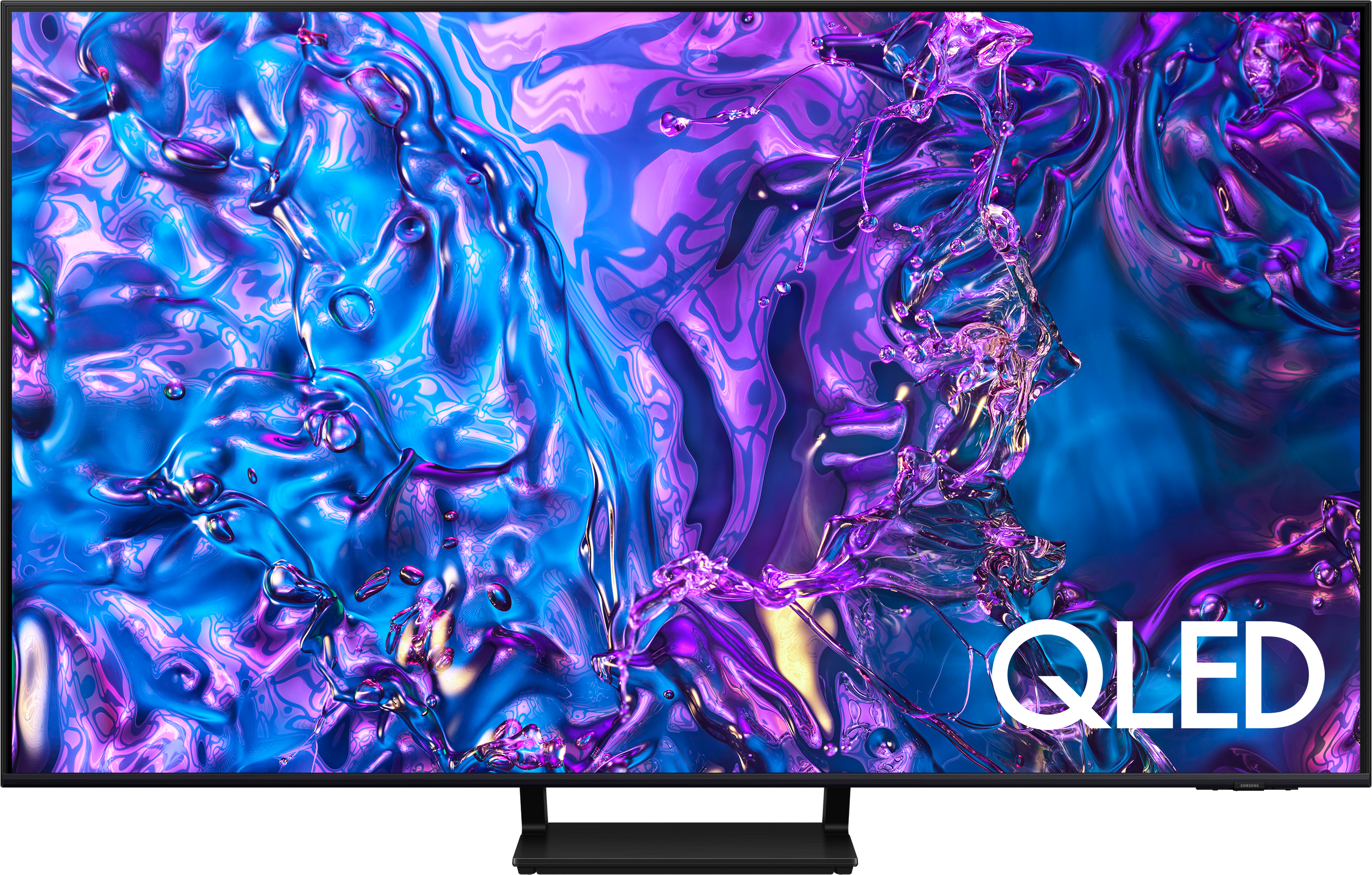 QLED TV képernyő kék és lila absztrakt hullámokat jelenít meg.