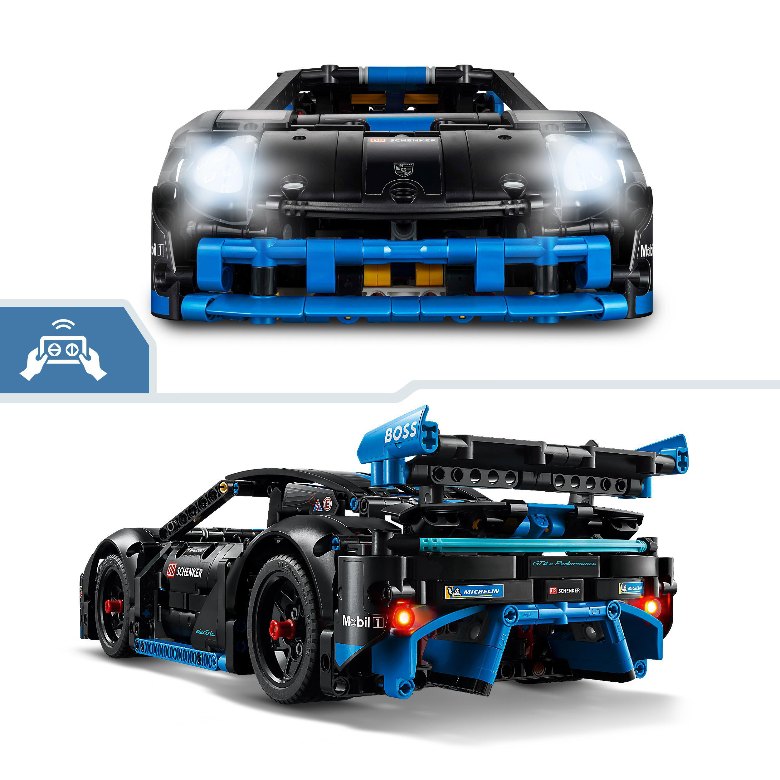 Zwei Ansichten eines schwarzen und blauen Lego-Sportwagenmodells. Scheinwerfer und Rücklichter sind an.