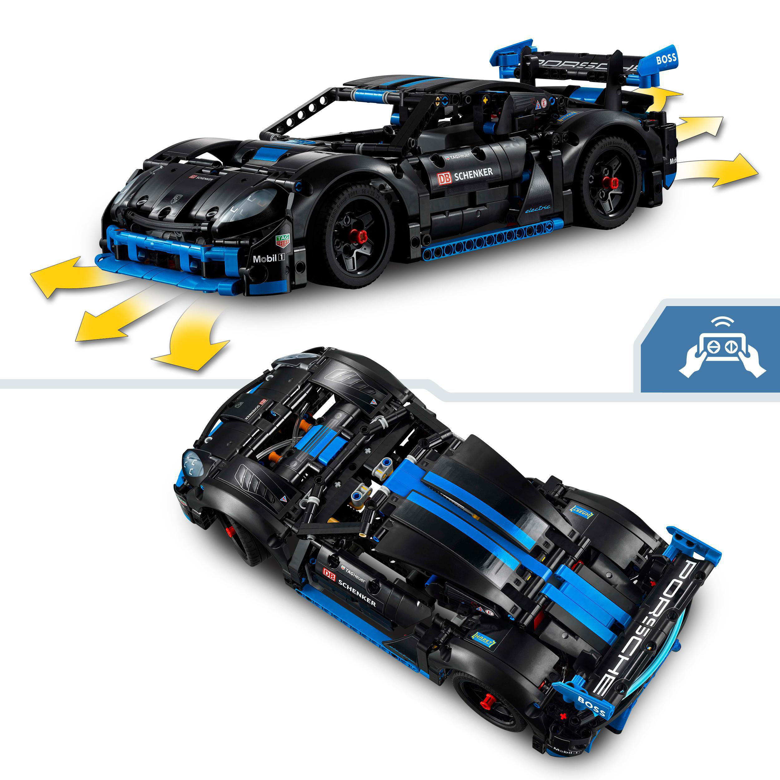 Zwei Bilder eines schwarzen LEGO Porsche-Autos, Ansichten von oben und unten, mit blauen Akzenten und Pfeilen.