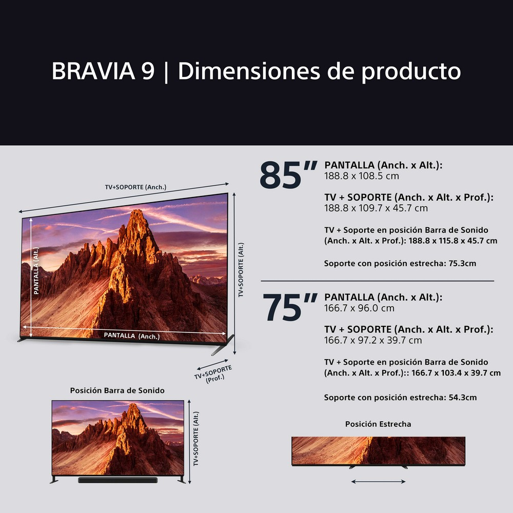 Diagrama que muestra las dimensiones del televisor. Incluye un televisor de 85 y 75 pulgadas.