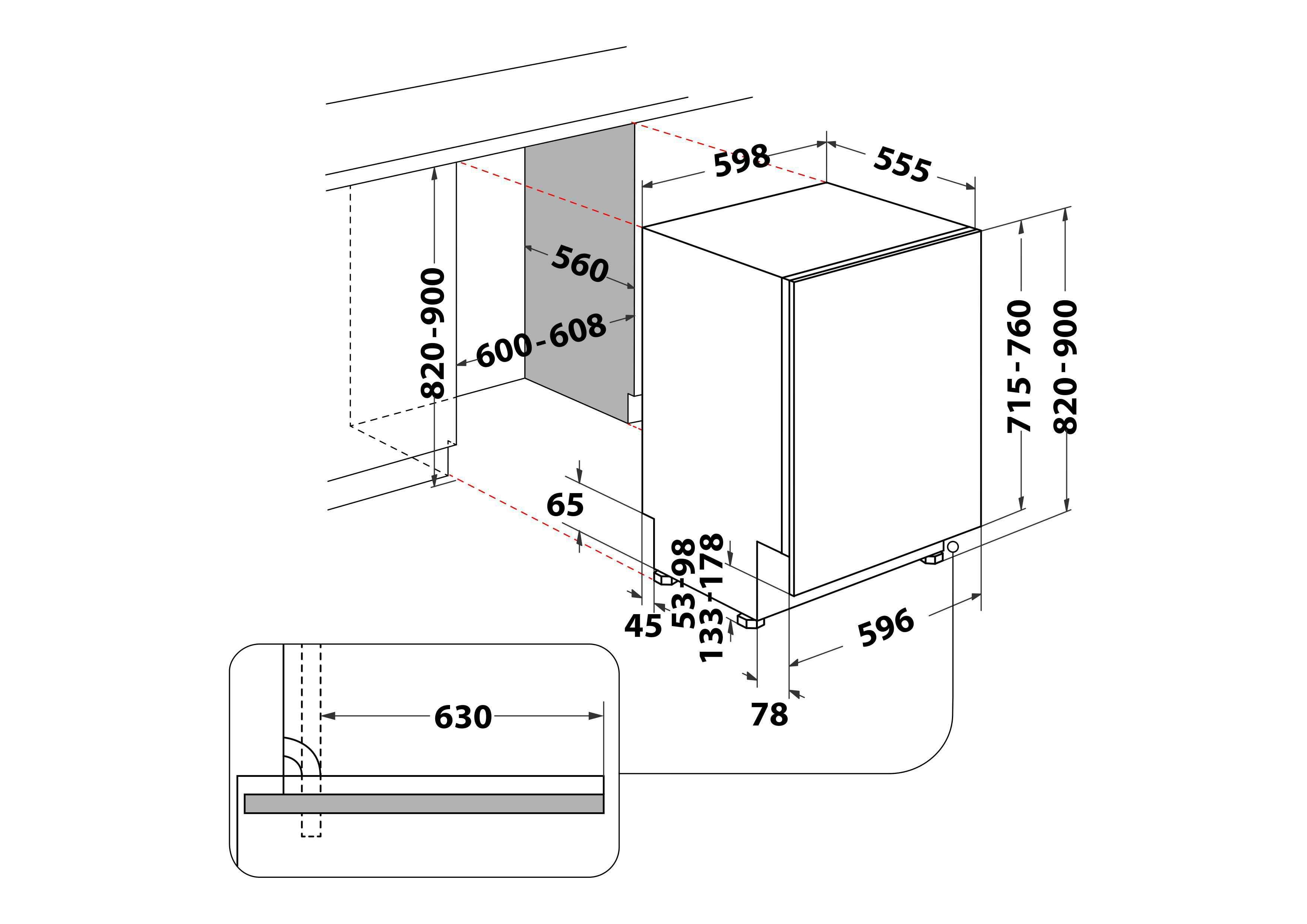Diagramm eines Einbaugeschirrspülers mit Maßangaben in mm.