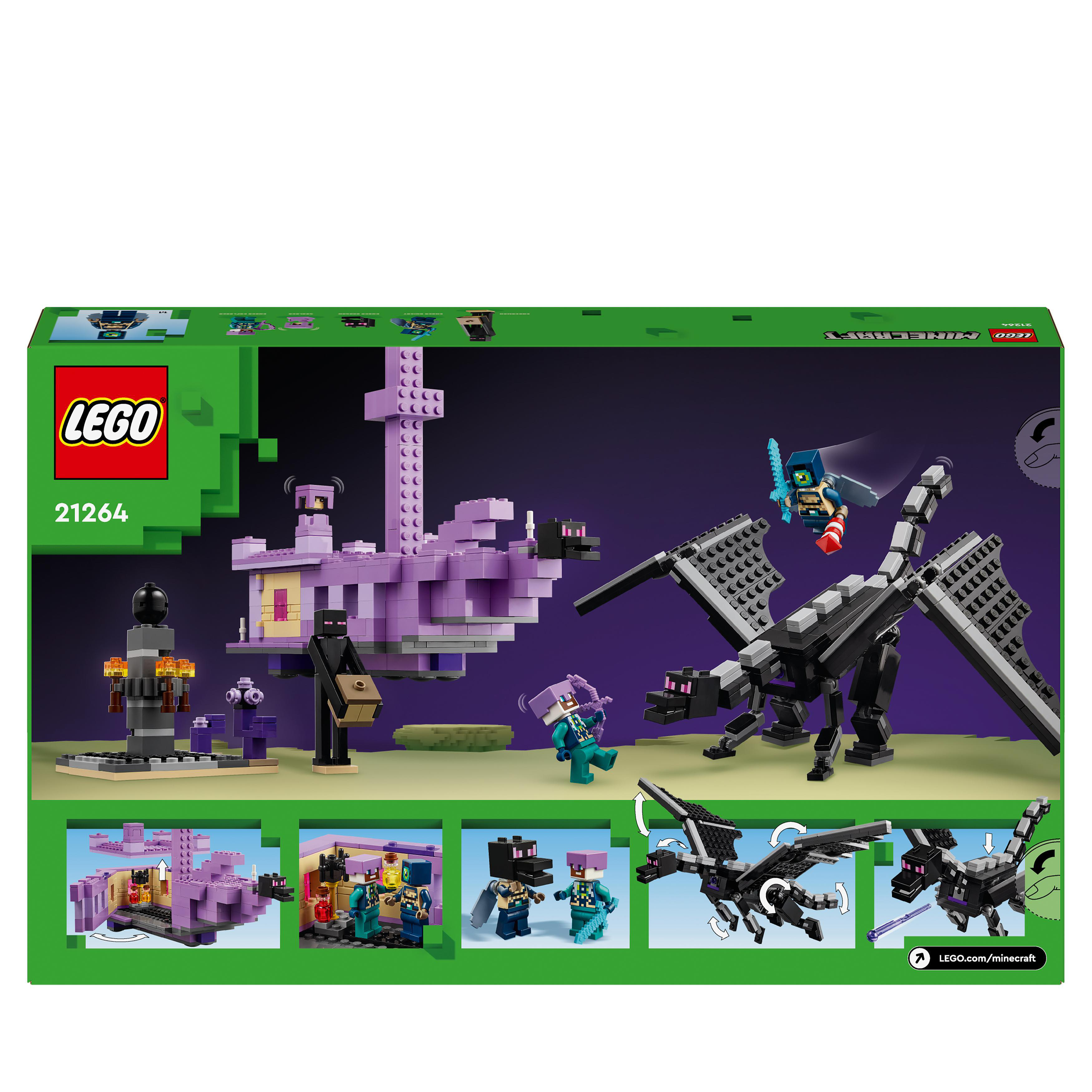 Die Rückseite einer LEGO Minecraft-Set-Box. Enthält Szenen aus dem Spiel, darunter ein Drache und ein Enderdrache.