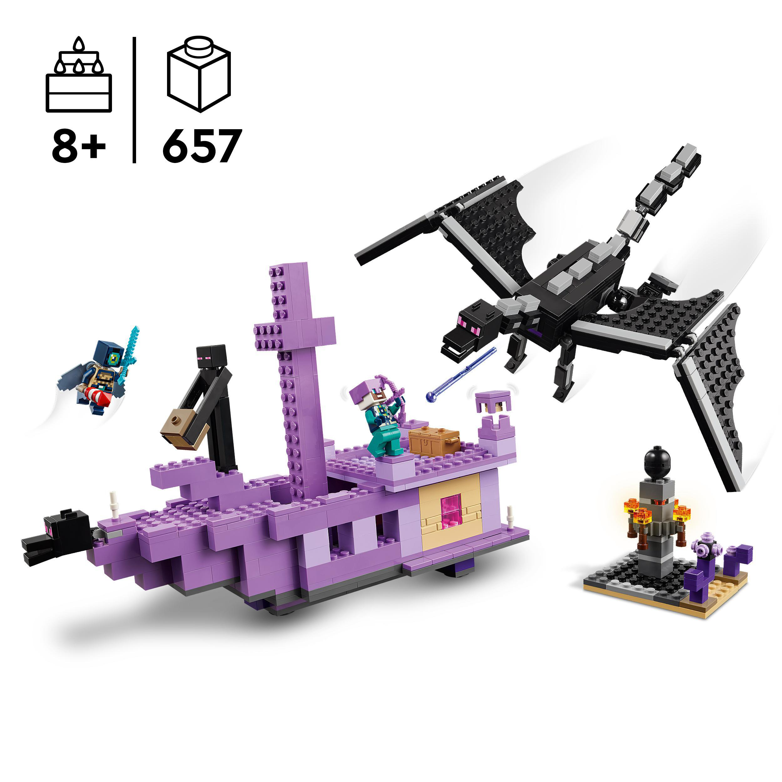 LEGO Minecraft-Set mit Enderdrache, Schiff und Charakteren. Enthält die Zahl 8+ und 657.