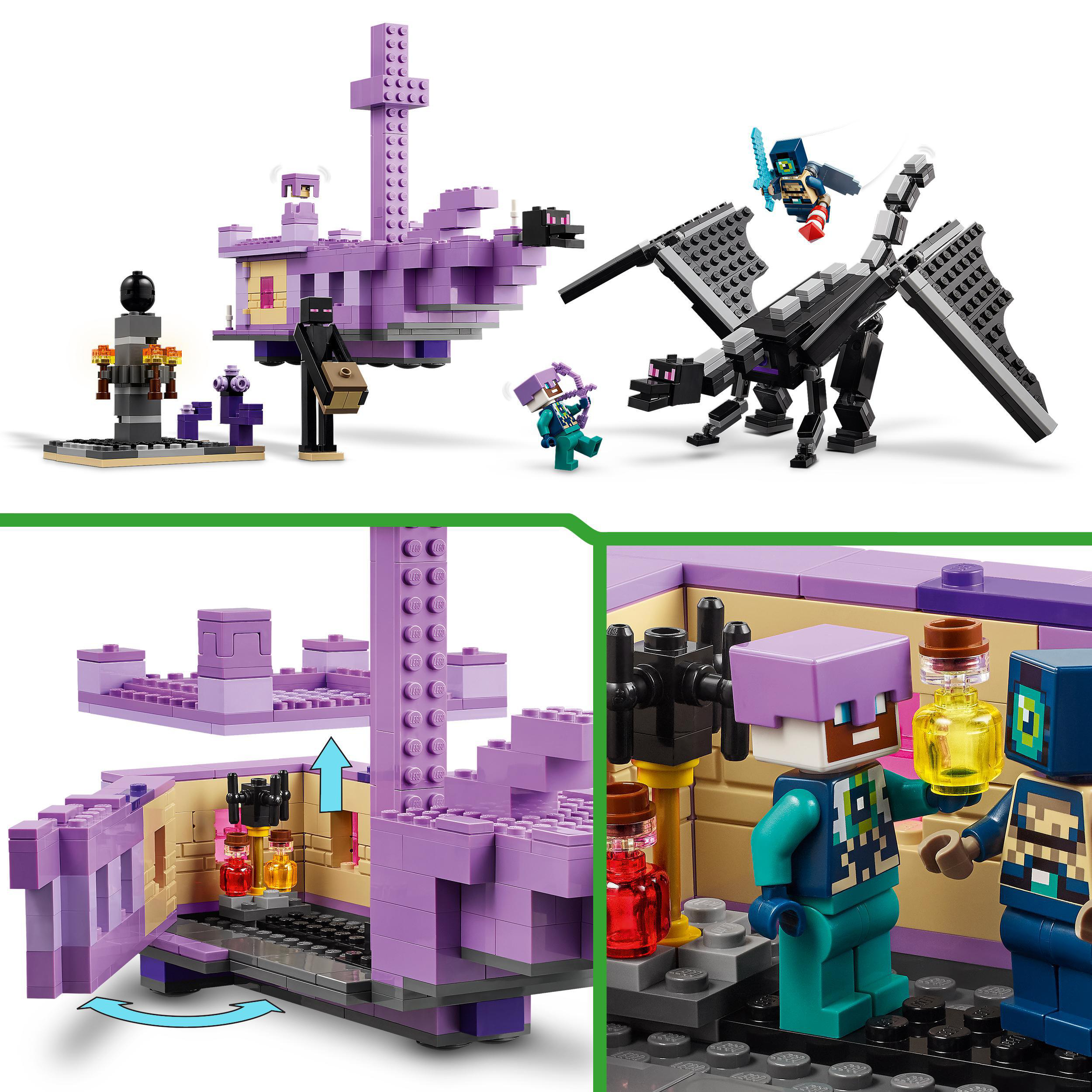 Lego Set eines Schlosses und Figuren. Mehrere Ansichten des Sets. Lila Schloss, Figuren.