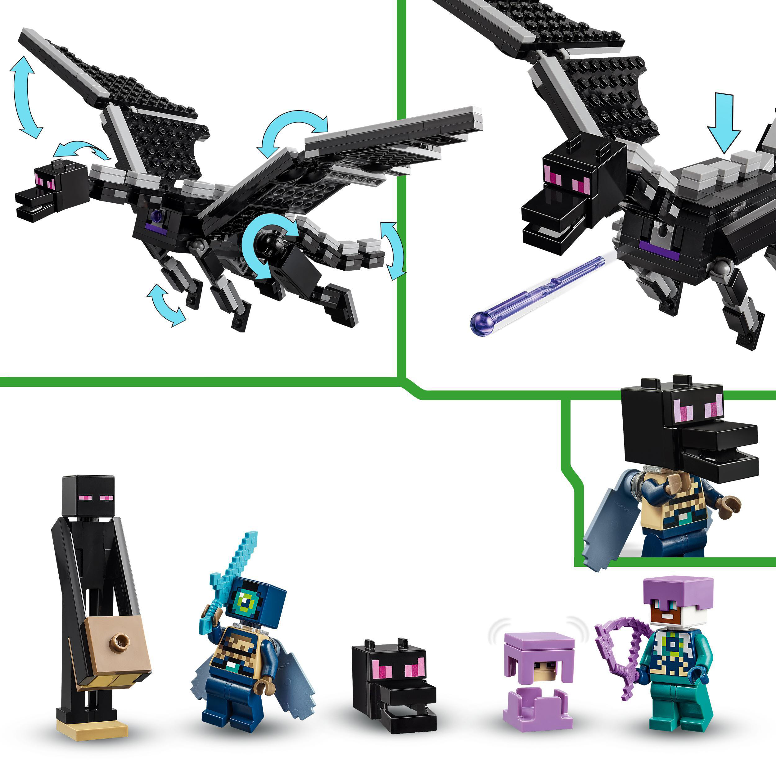Ein Lego-Set mit einem Drachen und Figuren, mit Bildern, die die Flügelbewegung zeigen.
