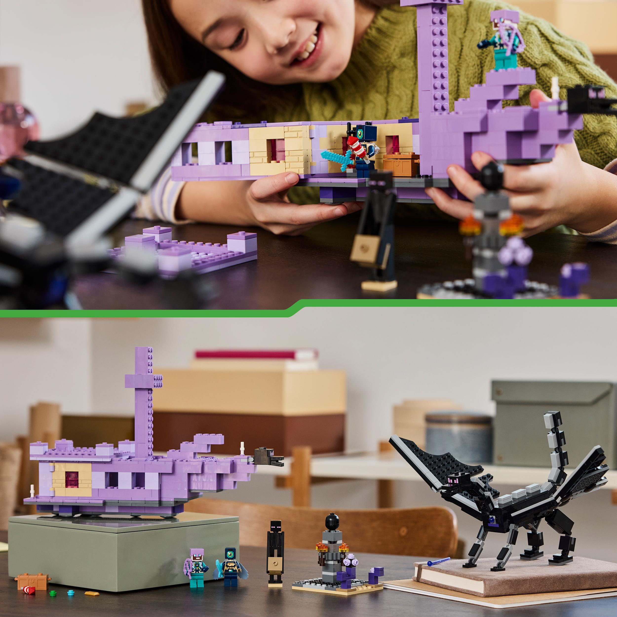 Kind spielt mit Lego. Lego-Set mit lila Gebäuden, Minifiguren und schwarzem Drachen.
