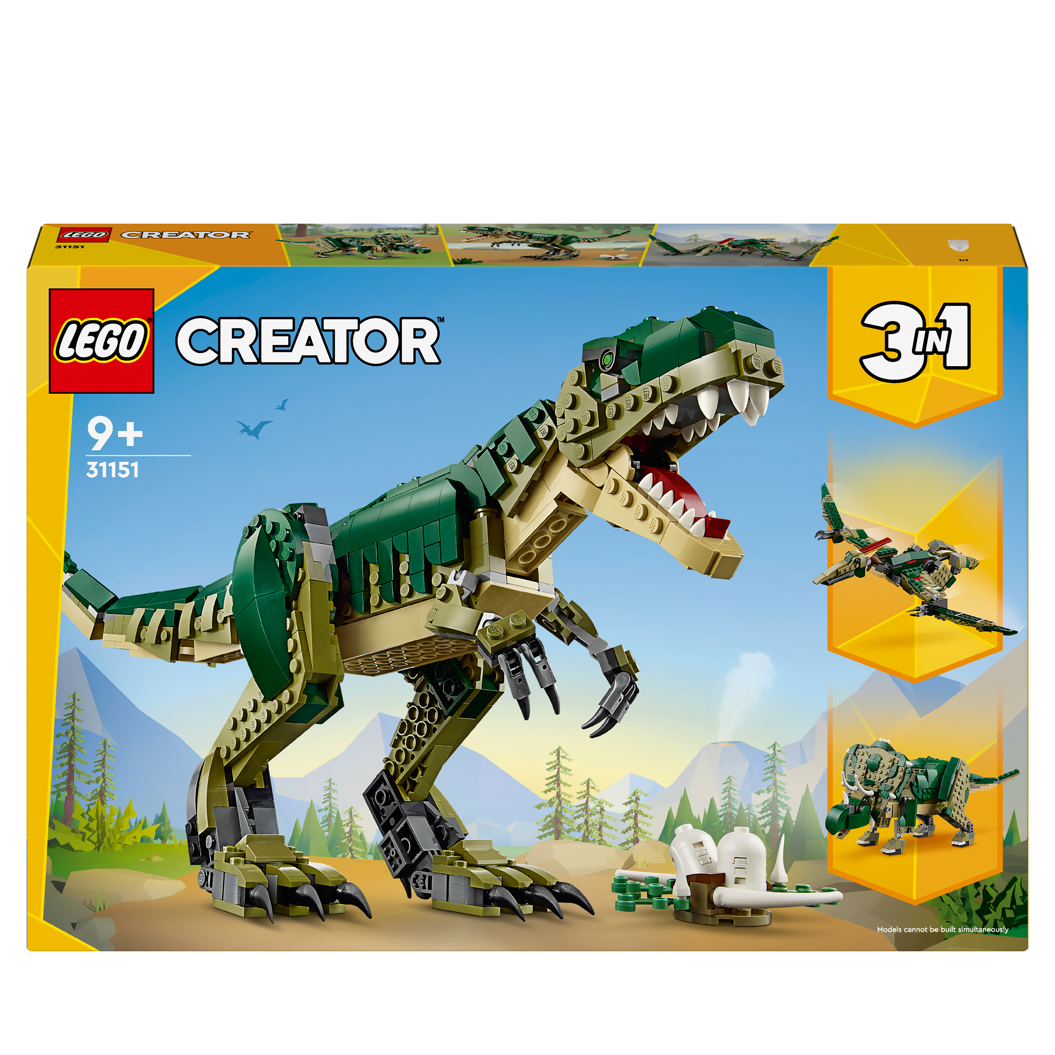 Lego-Box mit einem Dinosaurier darauf. Der Dinosaurier ist grün und braun. Die Box hat auch andere Modelle.