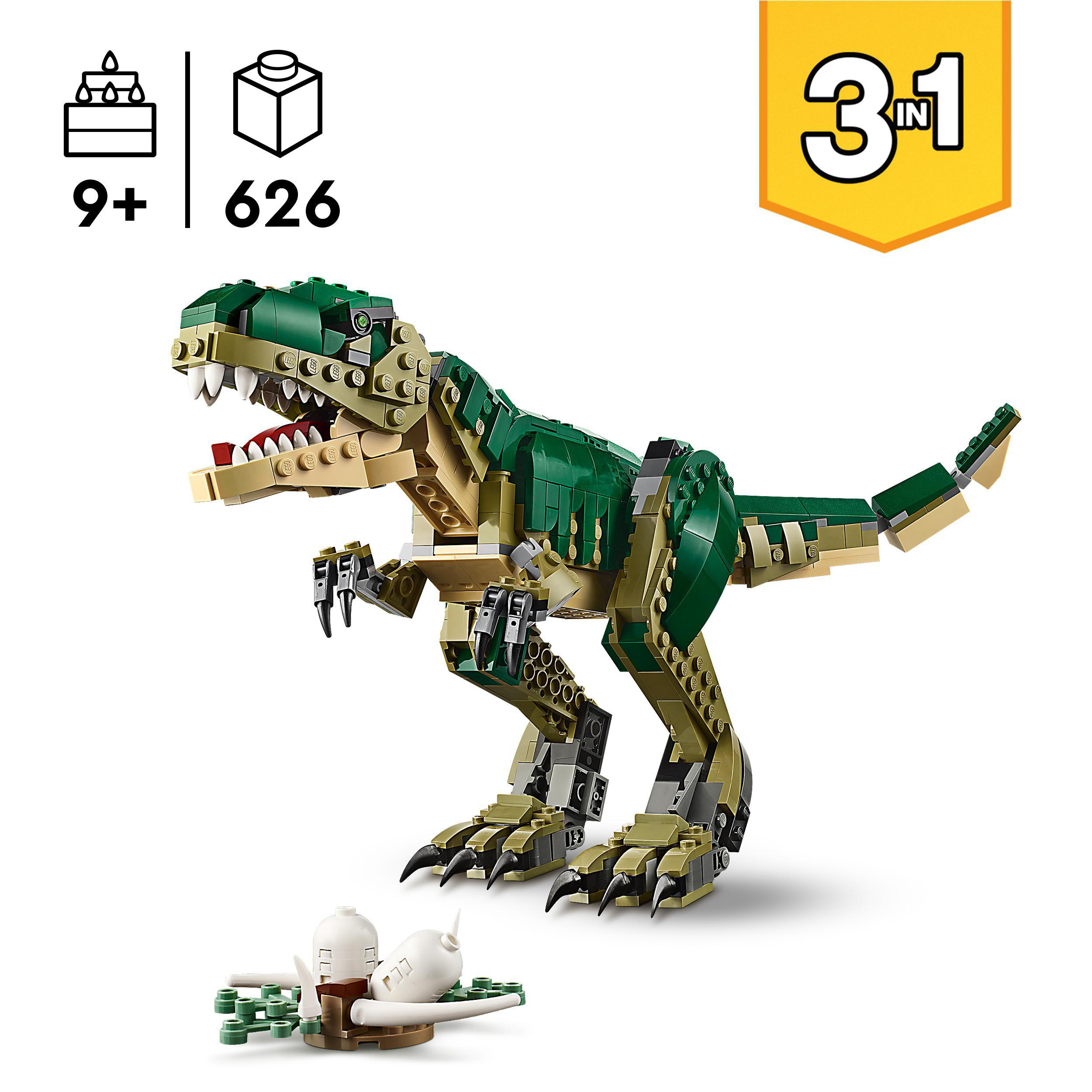 Ein LEGO T-Rex Dinosaurier-Modell, grün und beige, mit einer kleinen, separaten Pflanze.