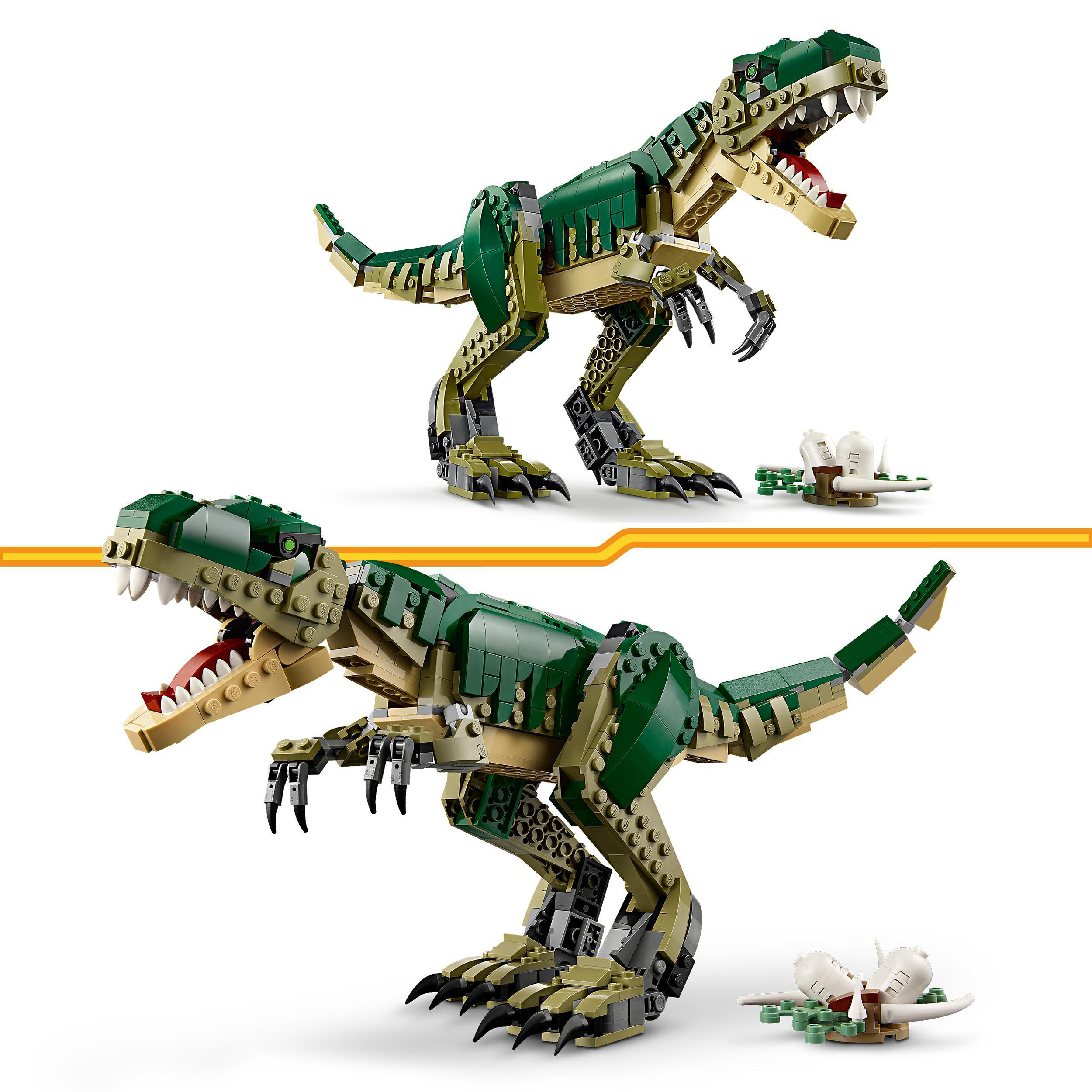 Lego-Dinosaurierspielzeug, grün und beige, mit offenem Mund. Kleine Knochenstruktur liegt am Boden.