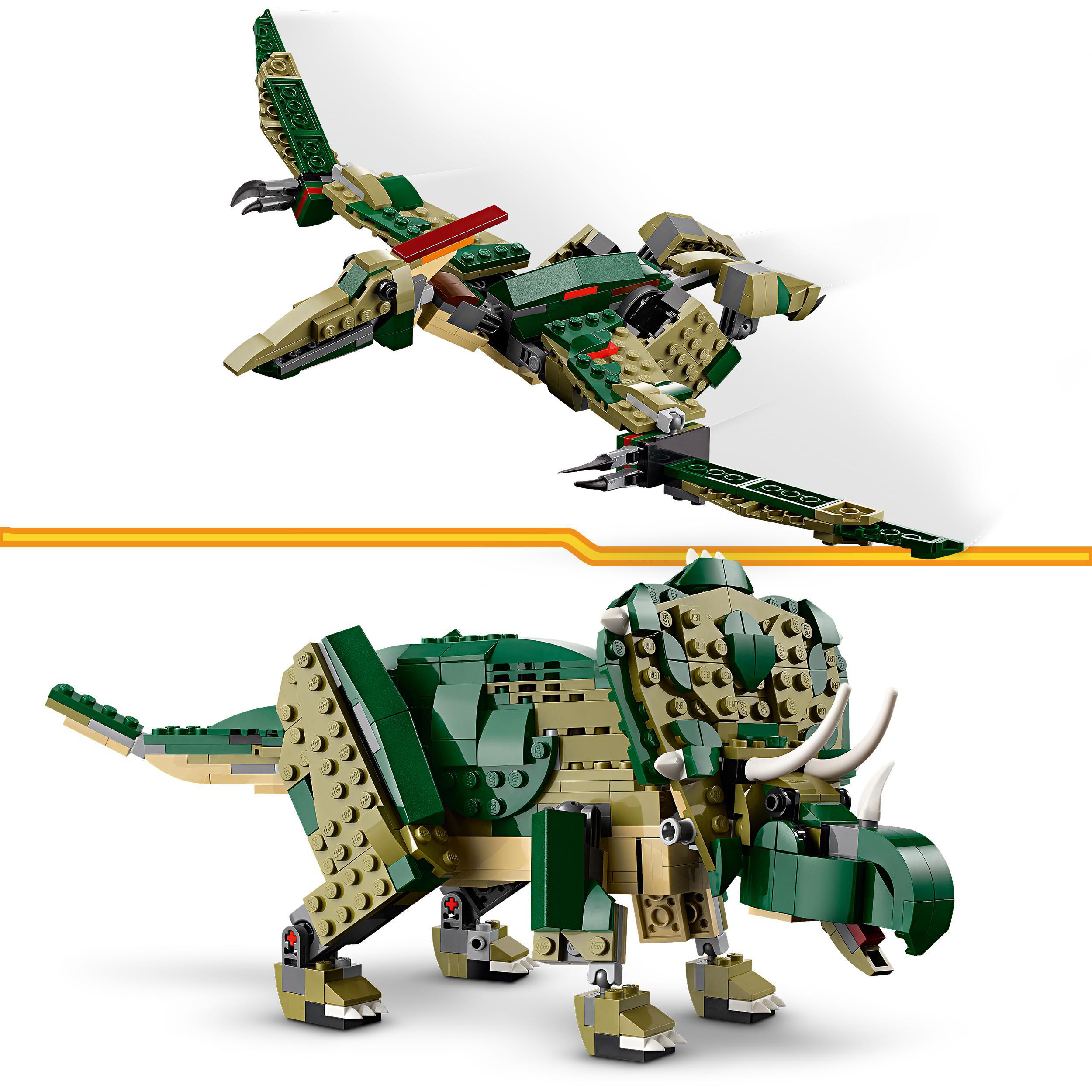 Zwei Lego-Dinosaurier. Oben: Ein fliegender Dinosaurier. Unten: Eine grüne und beige Triceratops-Dinosaurierfigur.