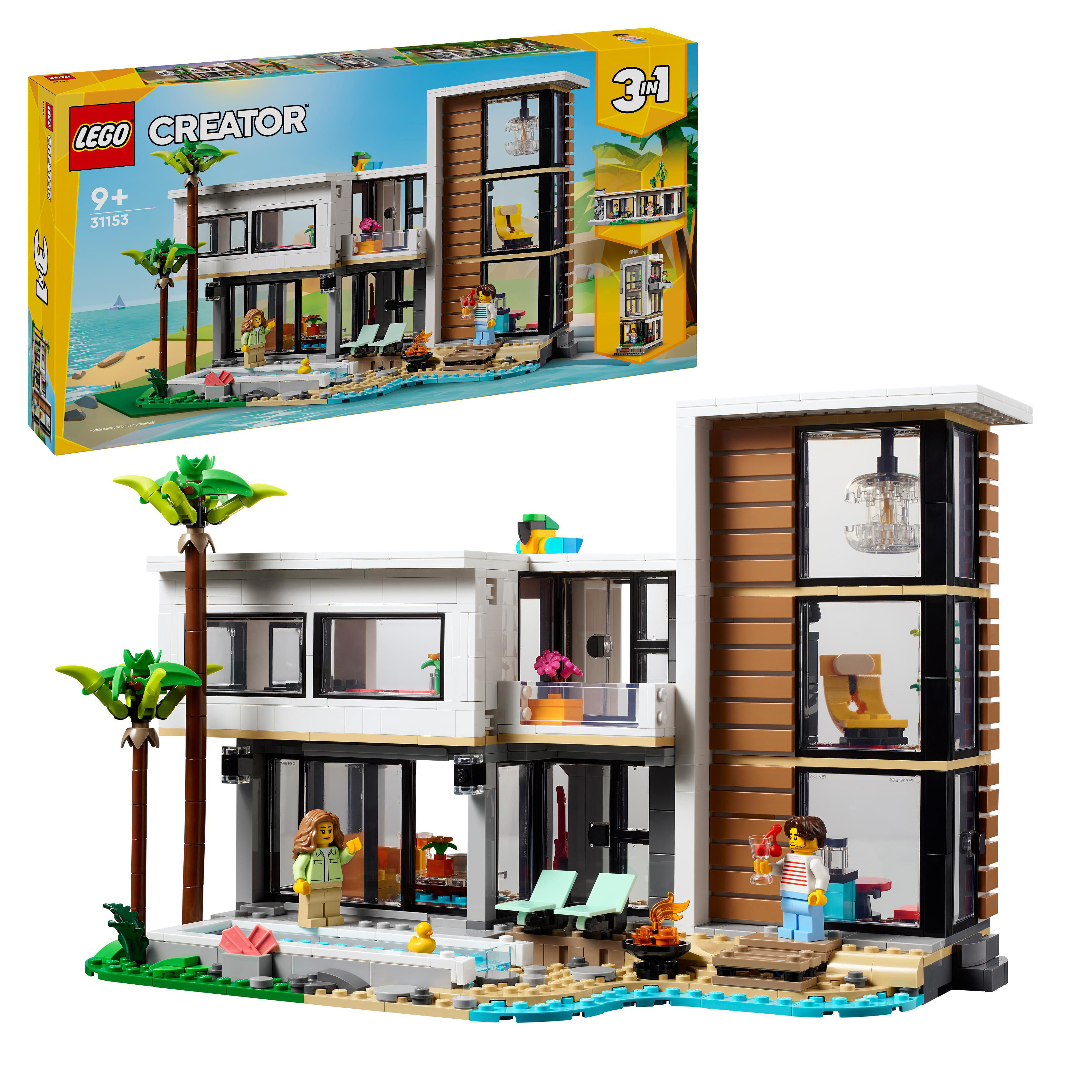 Lego Creator-Set eines modernen Hauses. Verfügt über einen Pool, Palmen und mehrere Minifiguren.