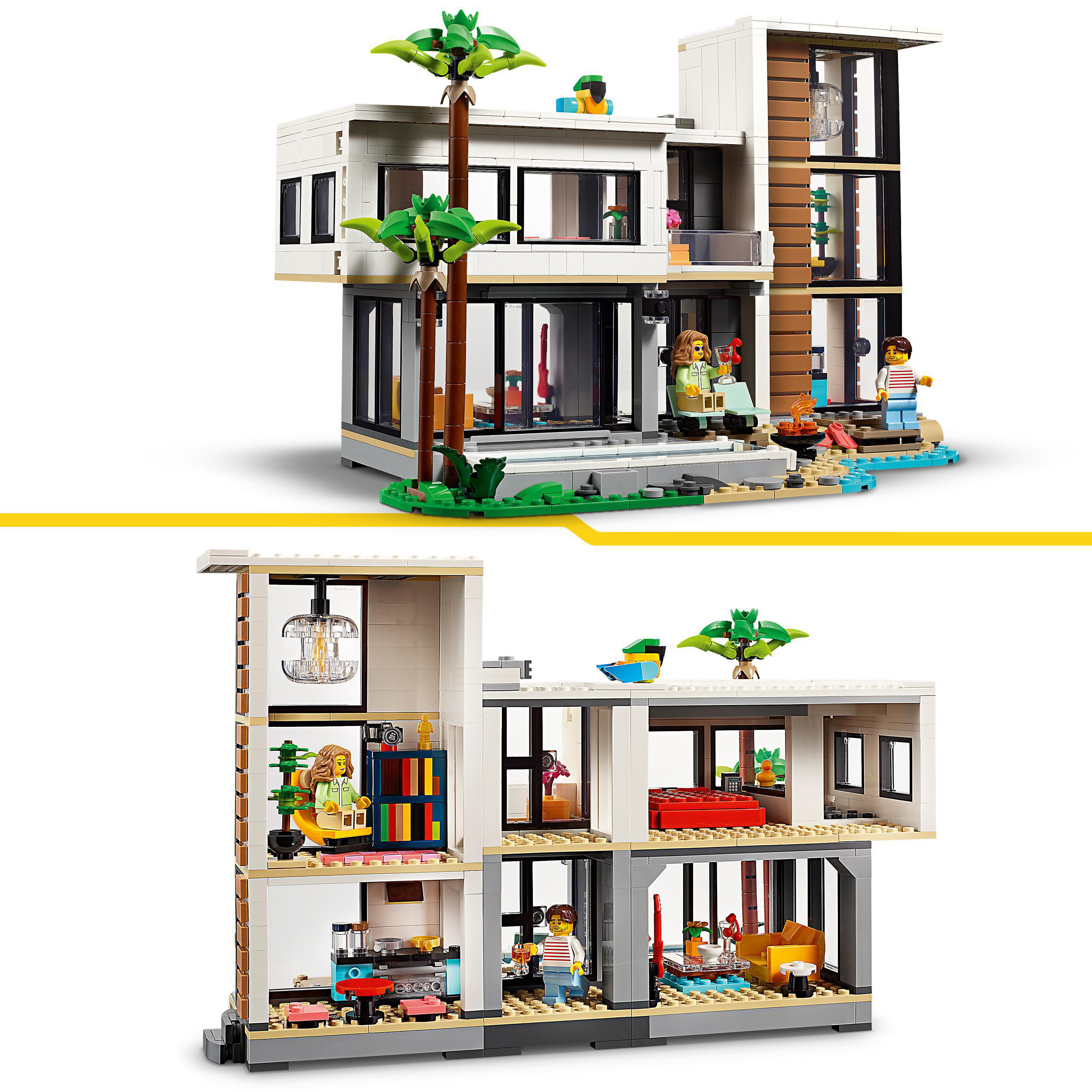 Lego-Modell eines modernen Hauses mit Figuren. Weiße Wände und große Fenster. Palmen sichtbar.