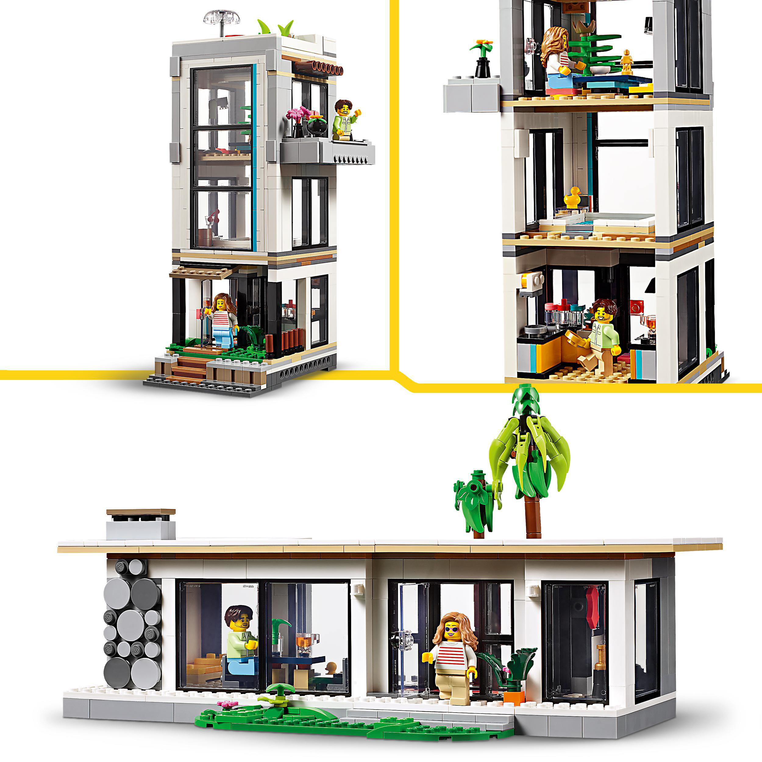 Ein Lego-Set, das ein modernes mehrstöckiges Haus mit verschiedenen Zimmern und Personen innen und außen zeigt.