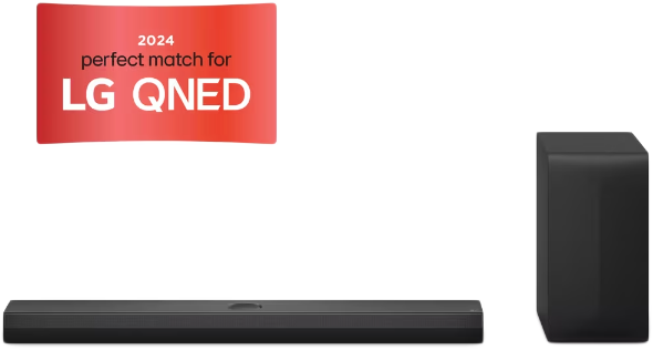 Soundbar és mélynyomó, piros 2024 LG QNED matrica, fehér háttérrel.