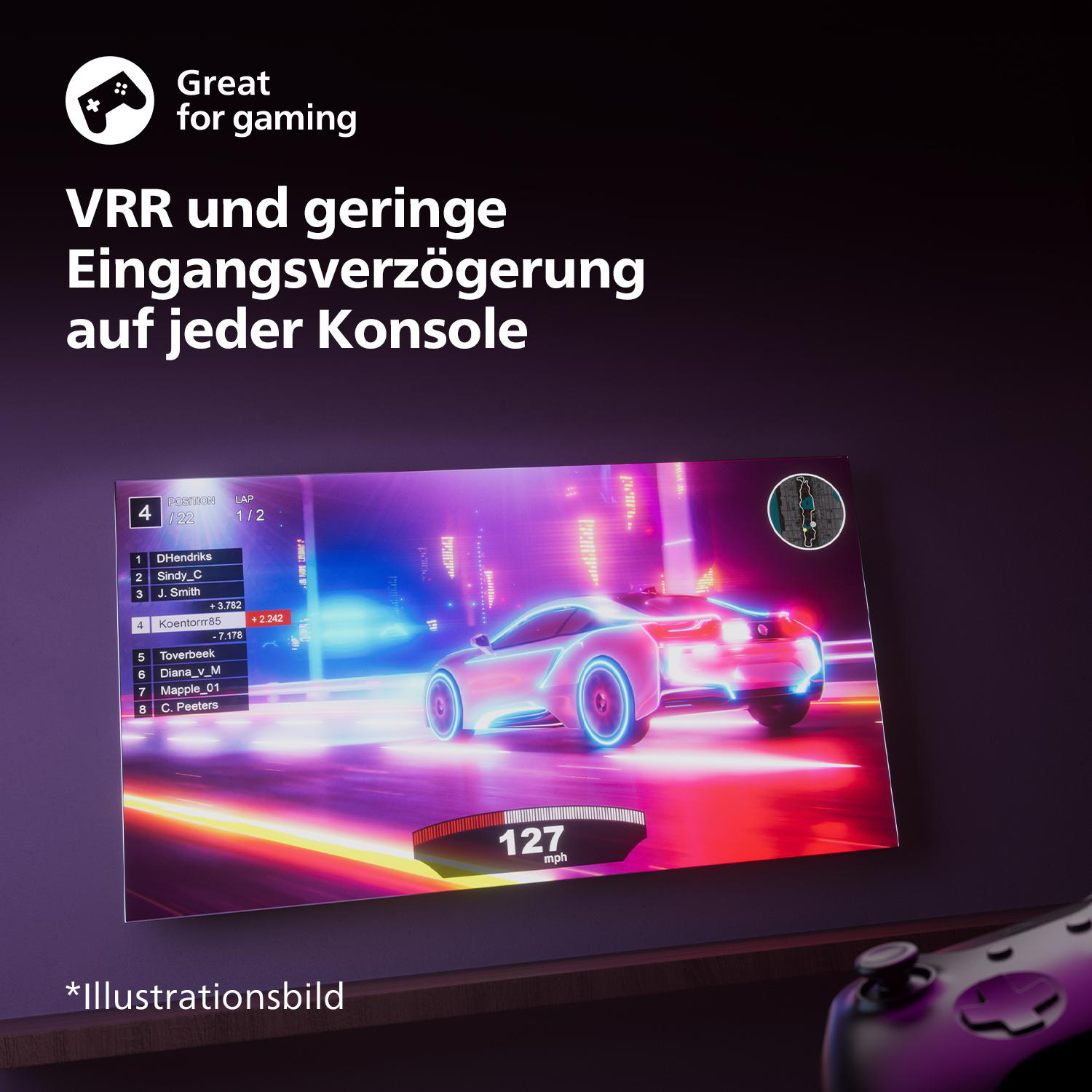 Ein Bildschirm zeigt ein Autorennen-Spiel. Das Spiel zeigt ein Auto, das mit hoher Geschwindigkeit auf einer farbenfrohen Strecke fährt.