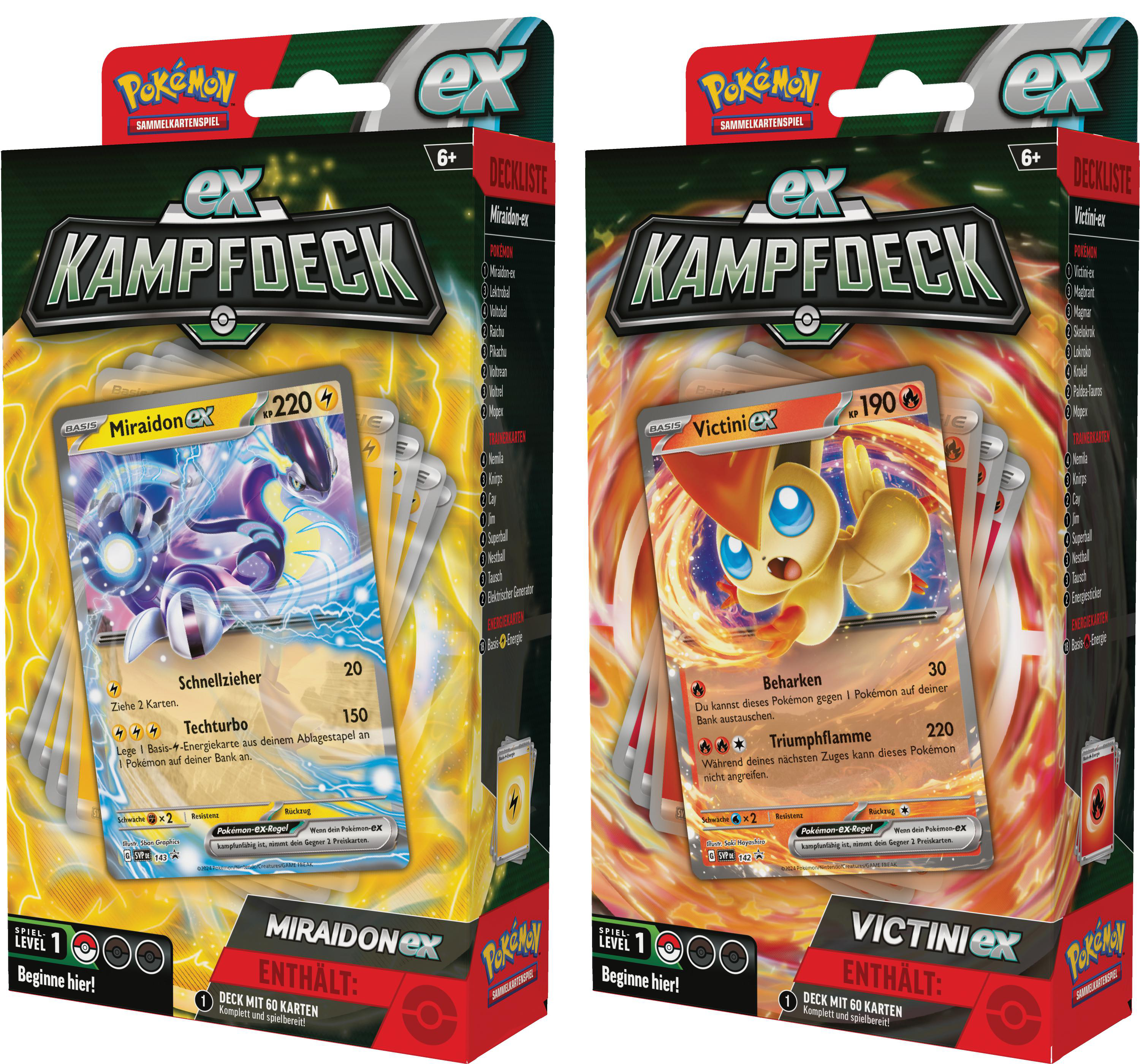 Zwei Pokémon-Kartenpacks. Eines mit Miraidon ex und das andere mit Victini ex, mit Text und Spieldetails.
