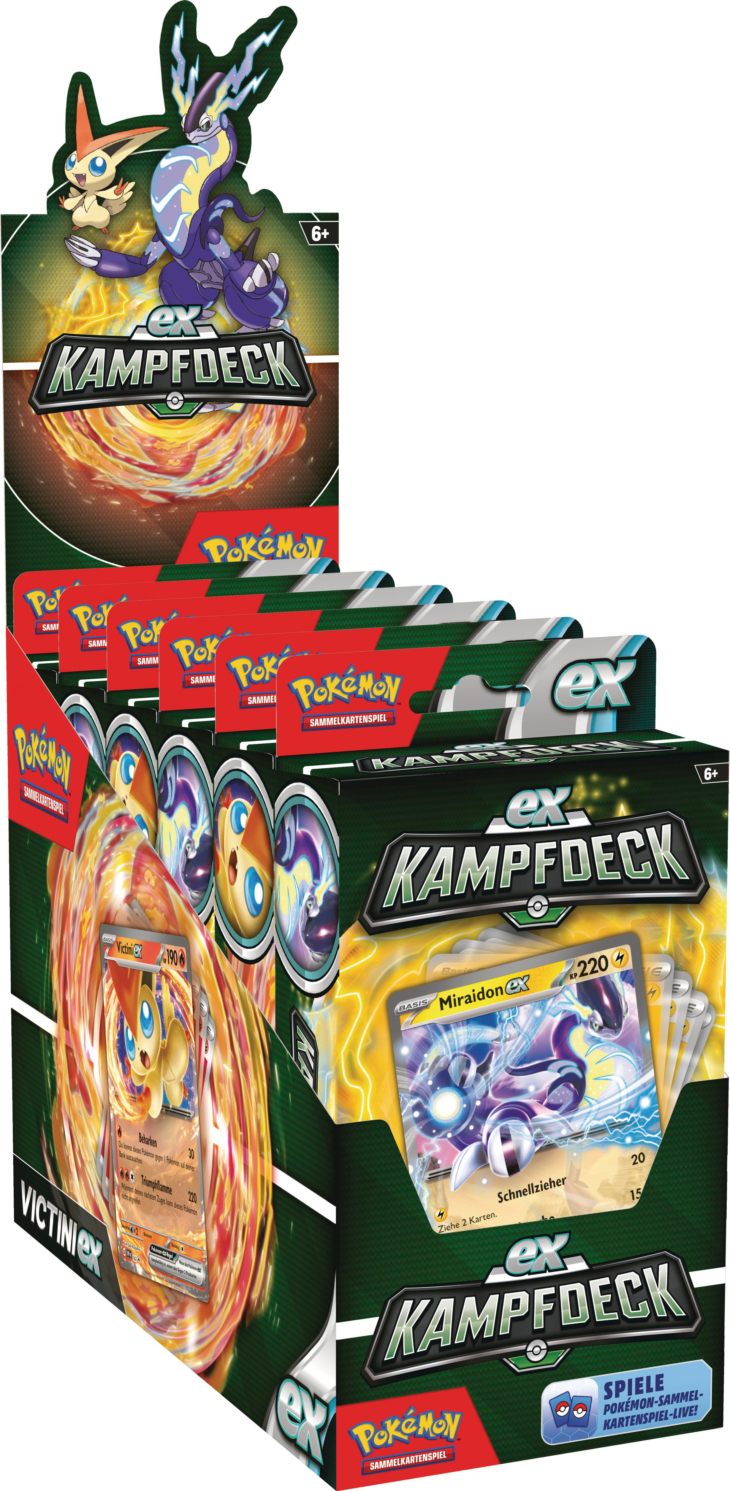 Pokémon-Karten-Displaybox. Mehrere Pokémon-Karten-Packs sind sichtbar.