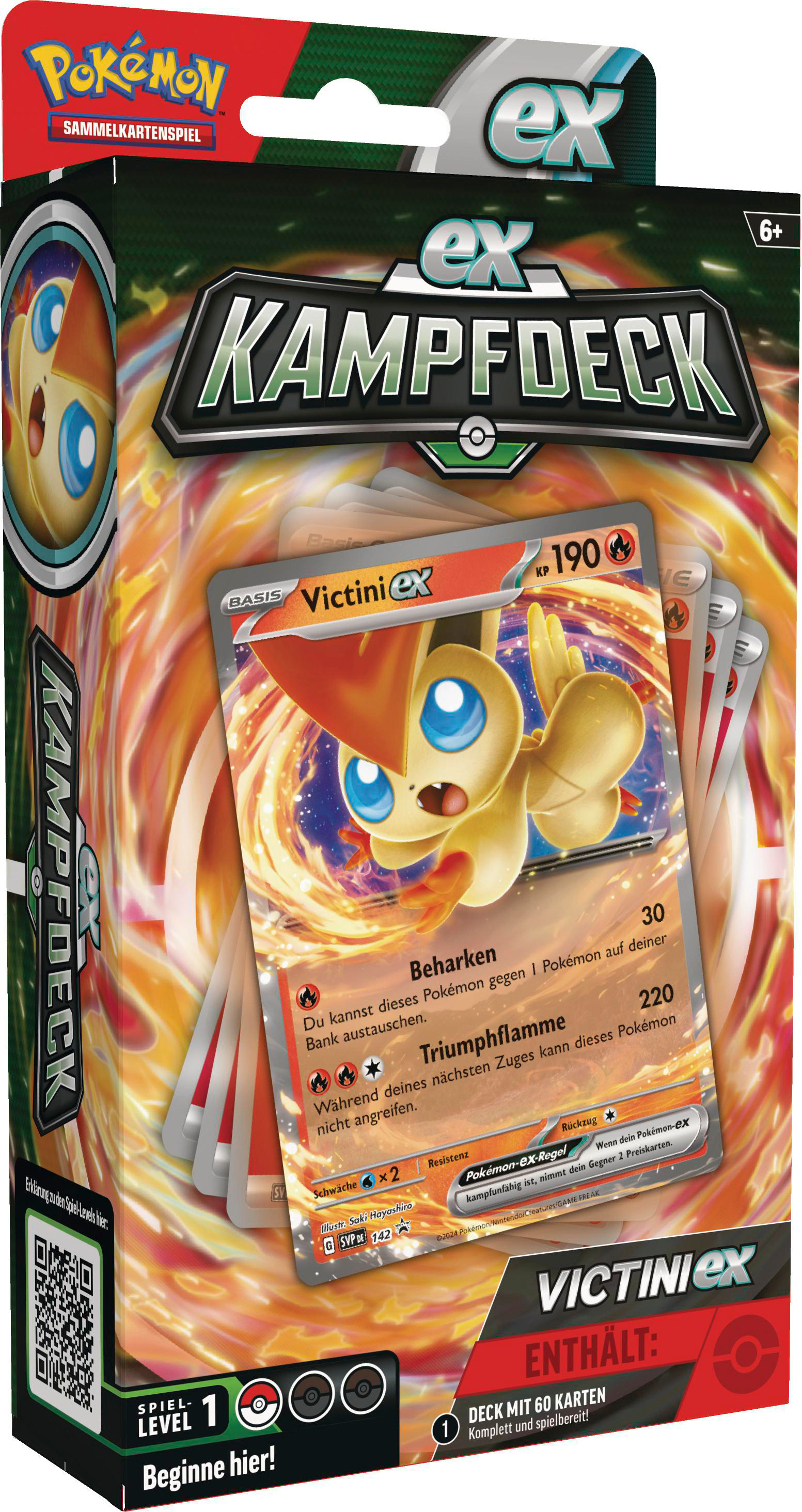 Eine Pokémon-Kartenspielbox. Auf der Vorderseite ist eine Victini ex-Karte und die Worte 'ex KAMPFDECK' zu sehen.