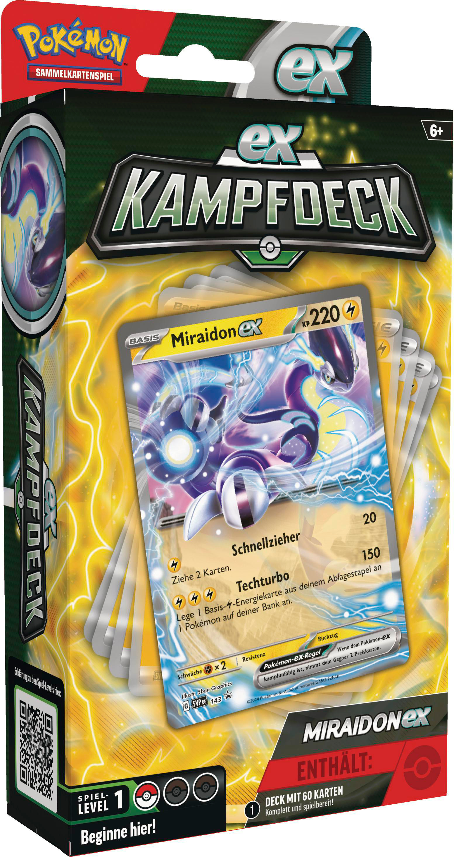 Schachtel mit Pokémon-Sammelkarten, 'ex KAMPFDECK' auf der Vorderseite. Die Karte Miradon ex wird gezeigt.