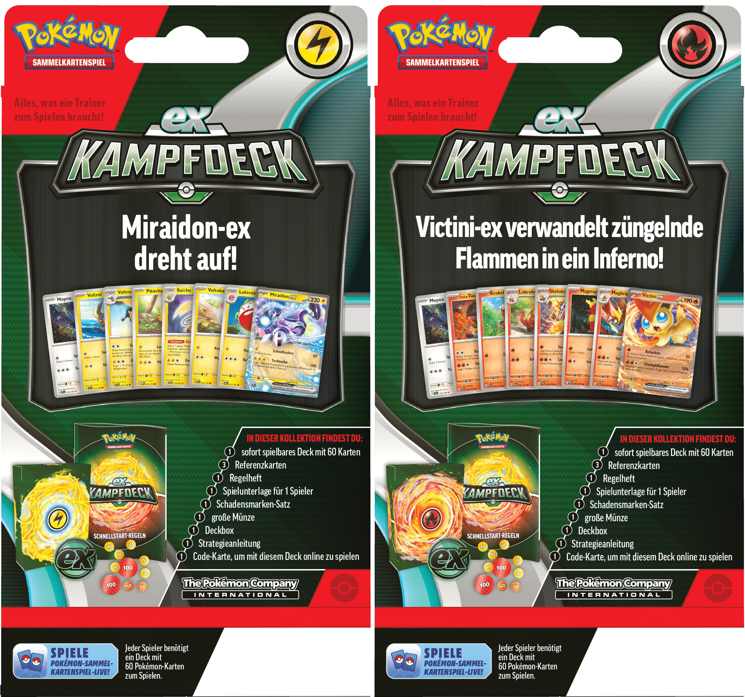 Zwei Pokémon TCG Kampf Decks. Eins mit Miradon-ex, das andere mit Victini-ex. Kartenbilder.