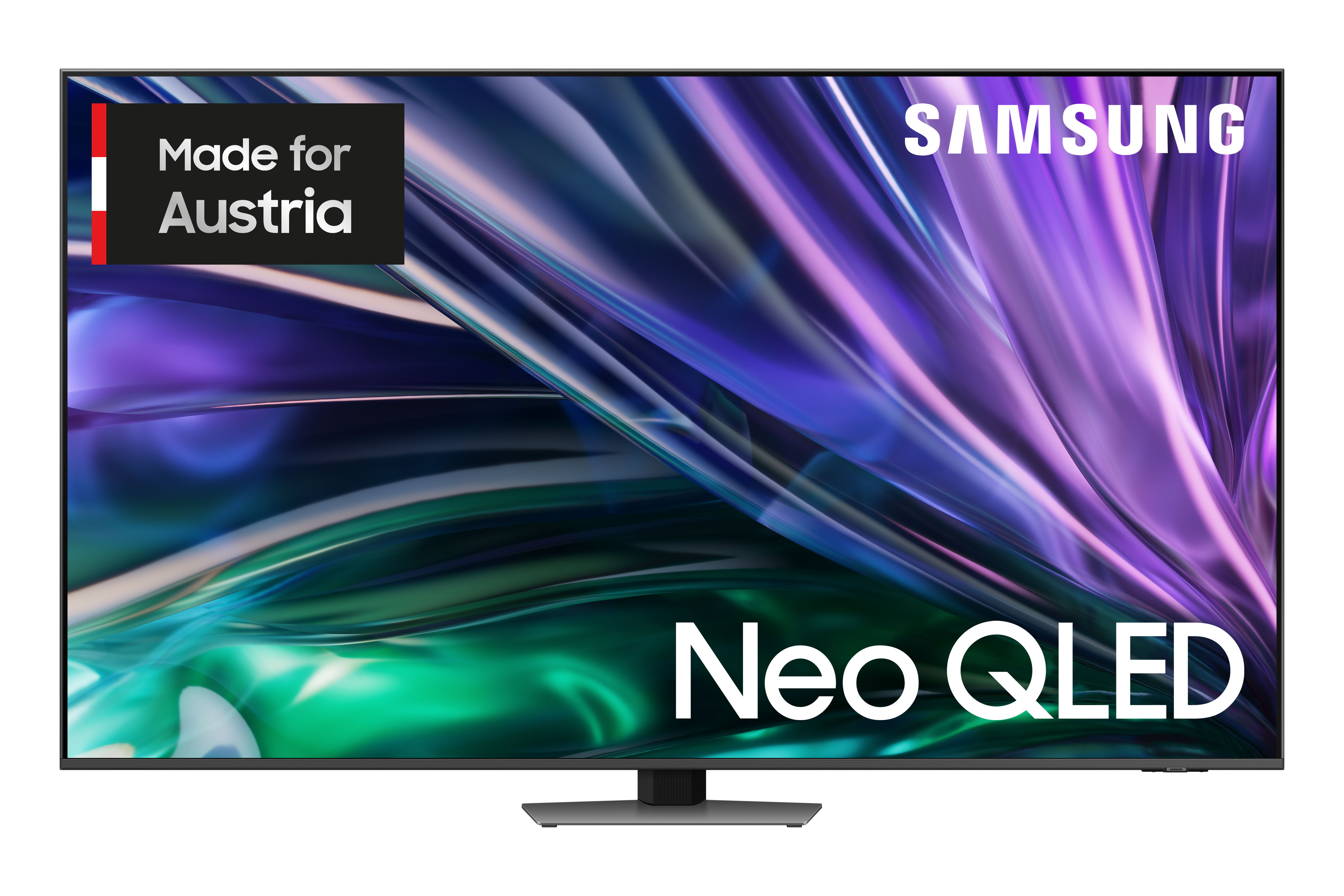 Samsung Neo QLED TV mit schwarzem Rahmen, zeigt farbenfrohe abstrakte Muster.