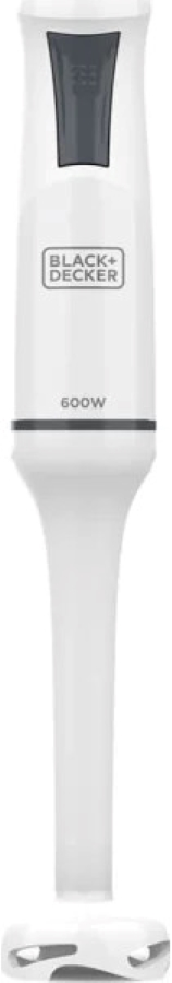 Biało-szary blender ręczny Black+Decker. Ma biały korpus i szary uchwyt.