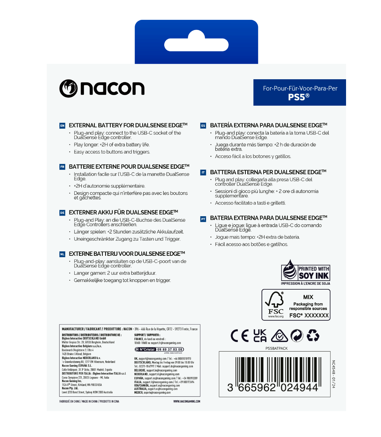 Batería - Nacon PS5BATPACK, Batería externa para mando DualSense Edge, 1000 mAh, Negro