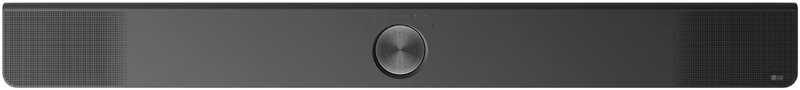 Hosszú, sötétszürke soundbar ezüst vezérlővel és hangszóró rácsokkal az oldalakon.
