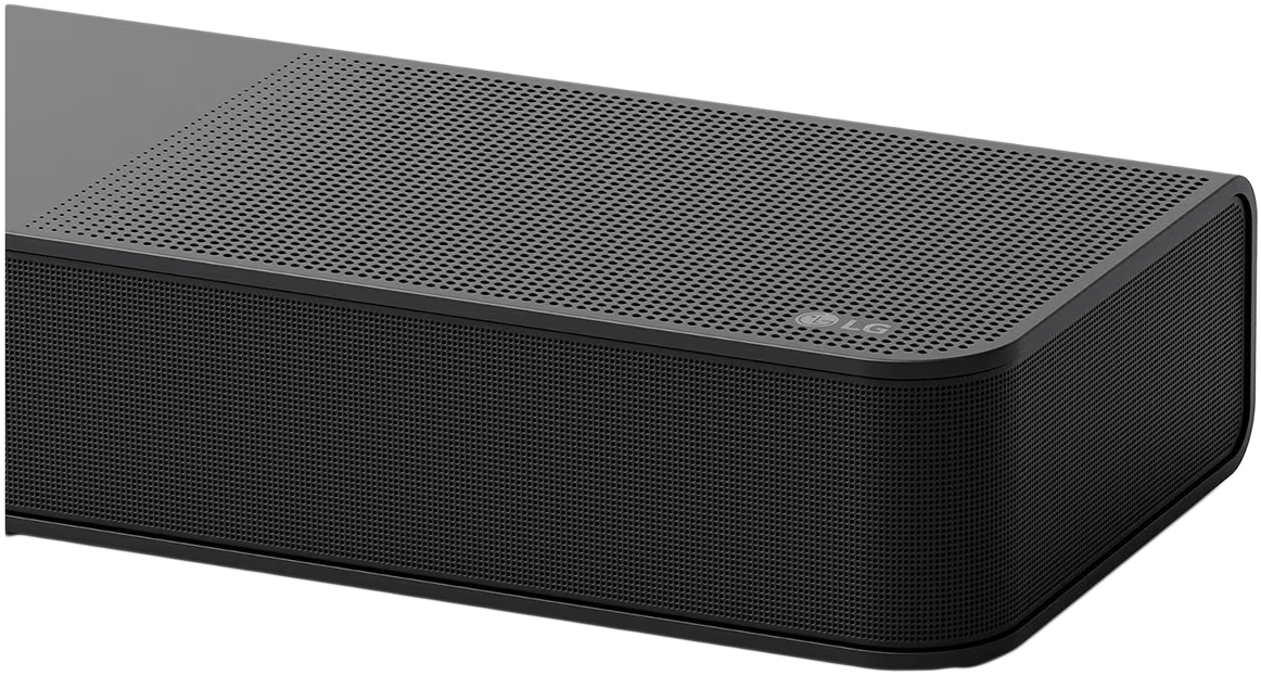 Fekete soundbar perforált előlappal. LG logó látható.