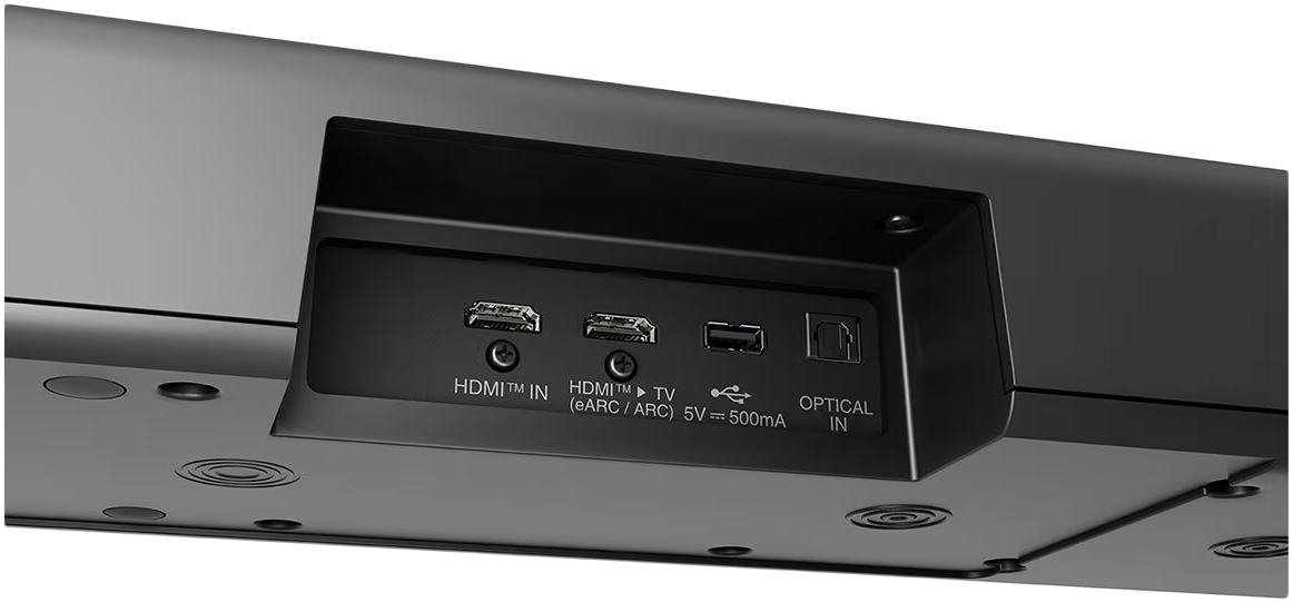 Egy fekete soundbar hátlapjának közeli képe bemeneti portokkal. Portok: HDMI és Optical IN.
