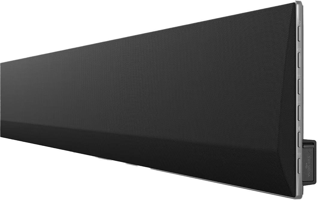 Hosszú, fekete soundbar hálós előlappal. Gombok a jobb oldalon. Ezüst szegély és fekete tartó.