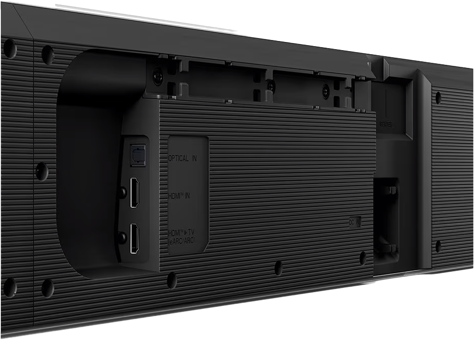 Fekete soundbar hátulja bemenetekkel: Optical, HDMI In, HDMI TV és DC IN.