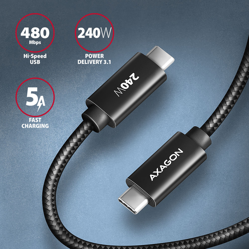 Fekete USB-C kábel 240W teljesítménnyel, 5A gyorstöltéssel, 480 Mbps sebességgel.