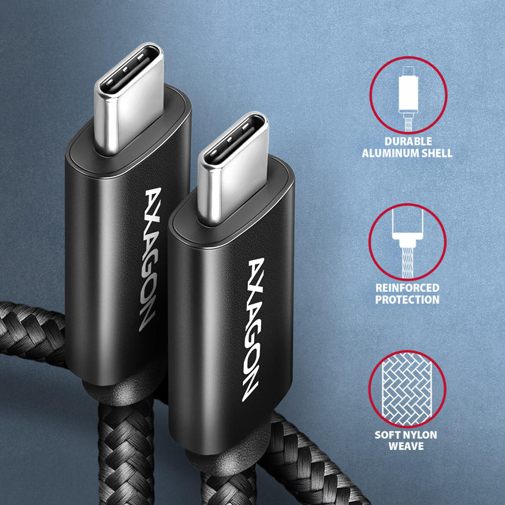 Két fekete USB-C kábel ezüst csatlakozókkal. Részletek: tartós alumínium ház, megerősített védelem, puha nylon szövés.